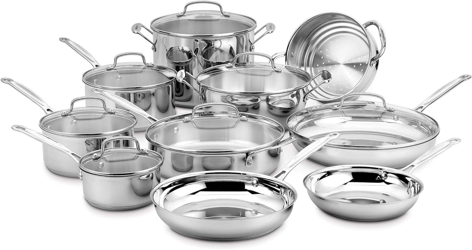 Cuisinart 17-Piece Stainless Steel Cookware Set, Chef's Classic Steel Collection with Pure Aluminum Core for Quick and Even Heat, Cool Grip Handles, Dishwasher Safe, 77-17N