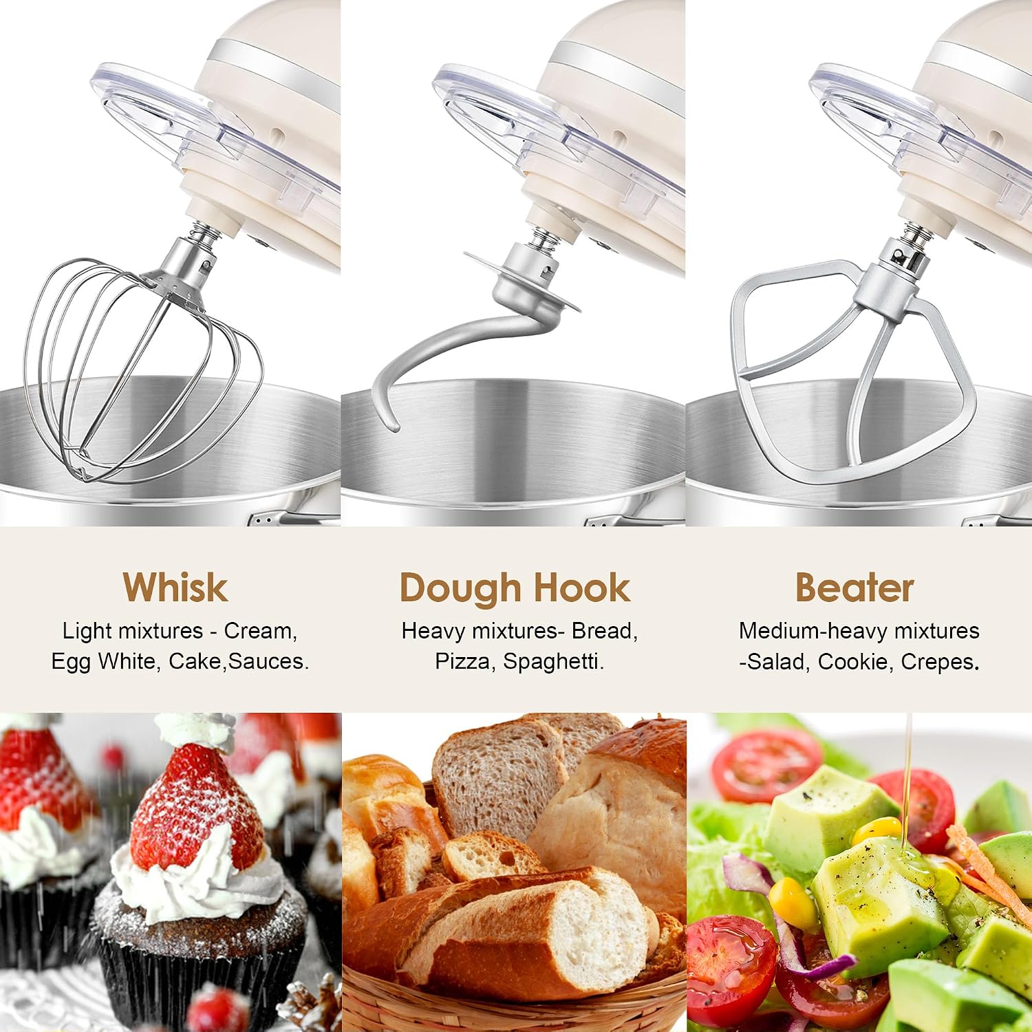 Aucma Stand Mixer, 6.5-QT 660W 6-Speed Tilt-Head Food Mixer, Kitchen Electric Mixer with Dough Hook, Wire Whip & Beater (Almond Cream, 6.5QT)