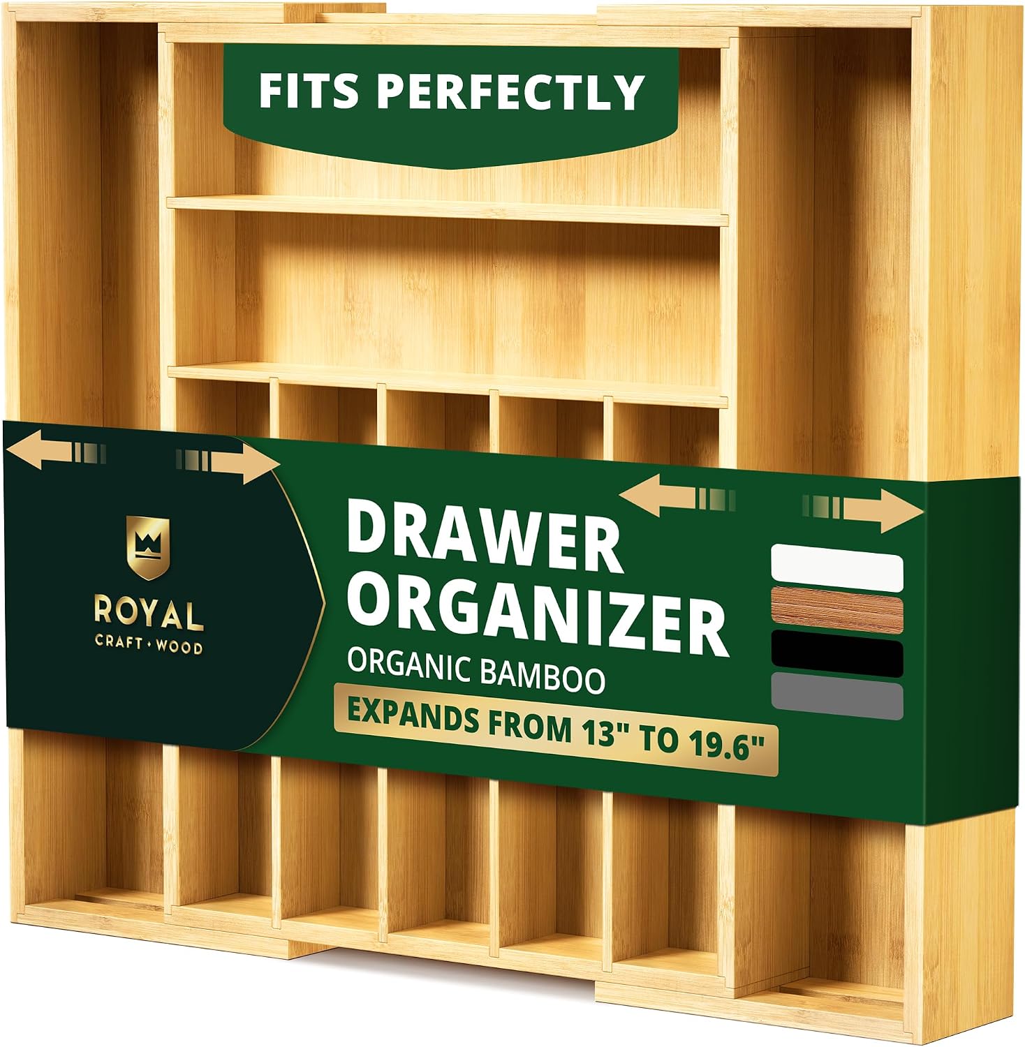 ROYAL CRAFT WOOD Luxury Bamboo Kitchen Drawer Organizer - Silverware Organizer, Utensil Holder & Cutlery Tray Drawer Dividers for Flatware (9 Slots, Natural)