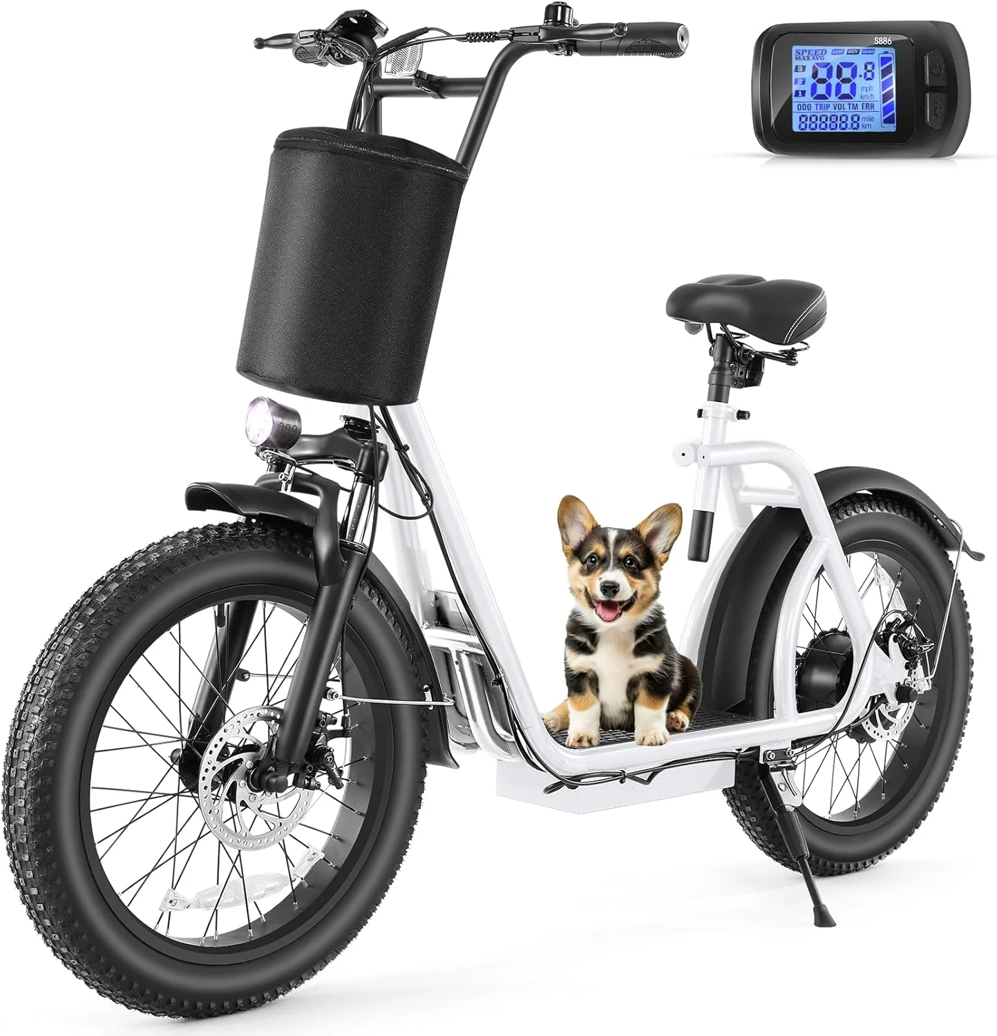 Trottinette électrique pliable Caroma Peak 800W pour adultes, avec pneus de 20 pouces de large, batterie 48V, panier et siège réglable.