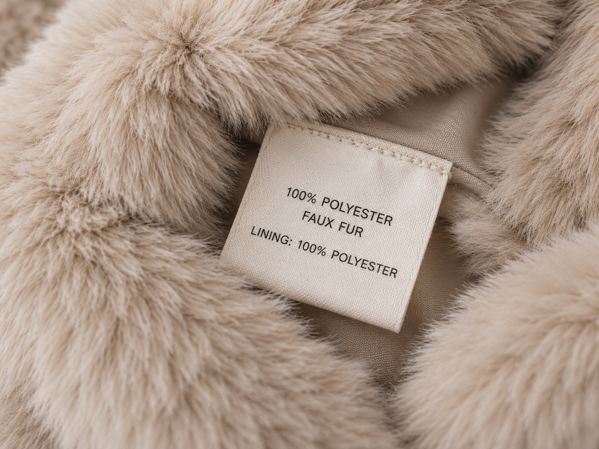 Close-up of a 100 percent polyester faux fur garment fiber-content label
