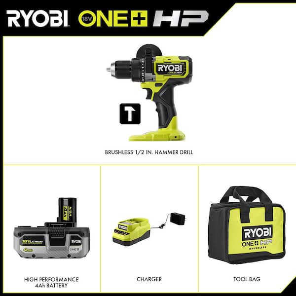 ONE+ HP 18V Brushless Cordless 1/2 in. Hammer Drill Kit with (1) 4.0 Ah High Performance Battery. Charger. and Tool Bag