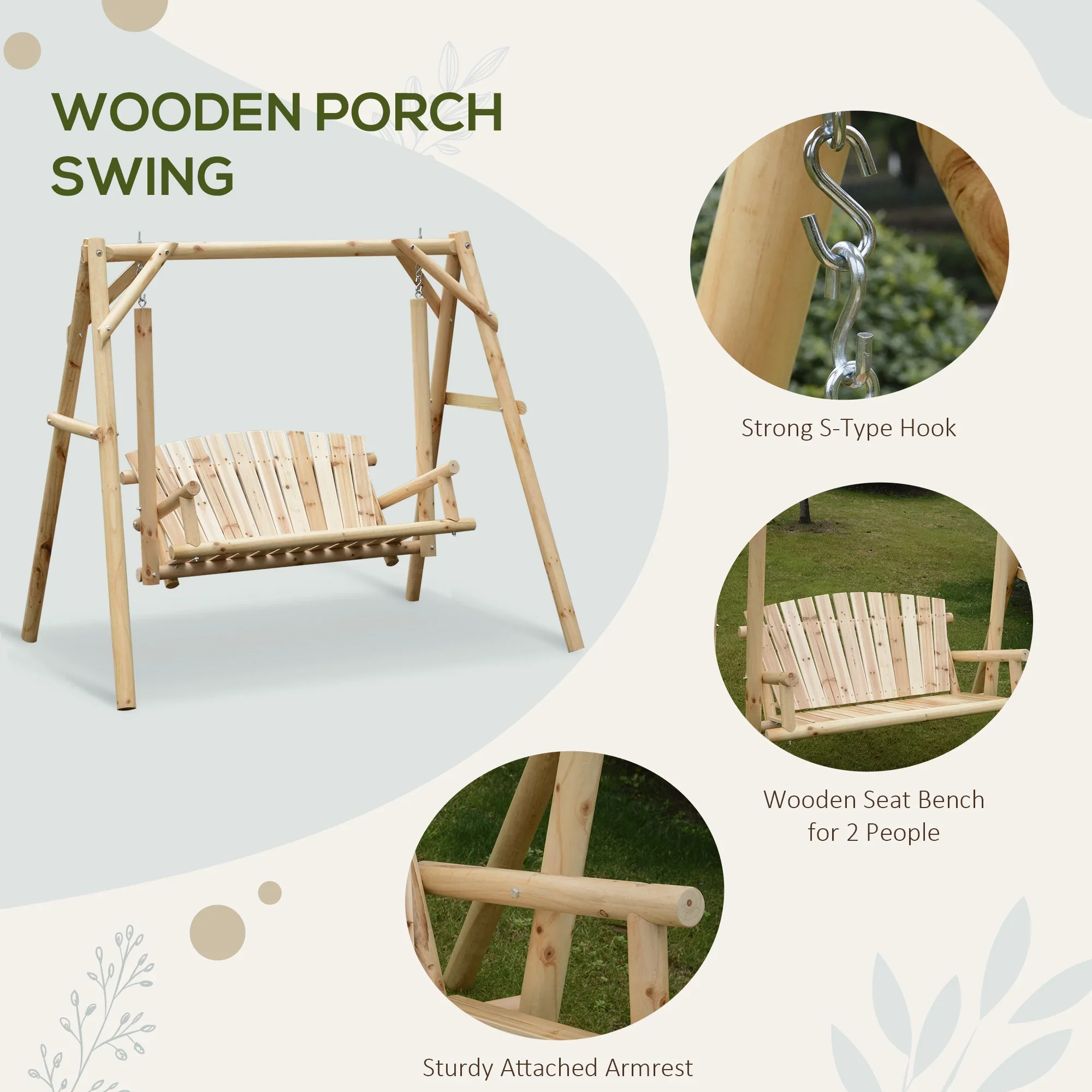 Outsunny Wooden Swing Bench, Garden Swing Chair, Brown