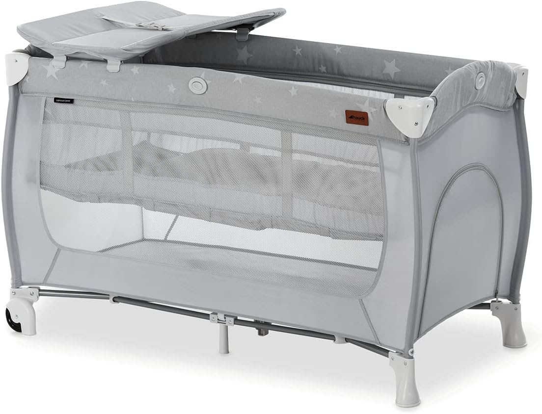 Hauck Cuna Viaje Bebe Sleep N Play Center, à partir du Nacimiento jusqu'à 15 kg, Parque Cuna, 120x60 cm, Cuna Viaje Doble Altura, Cambiador, con Ruedas, Plegable, Entrada Lateral, Compacta, Stars, Gris