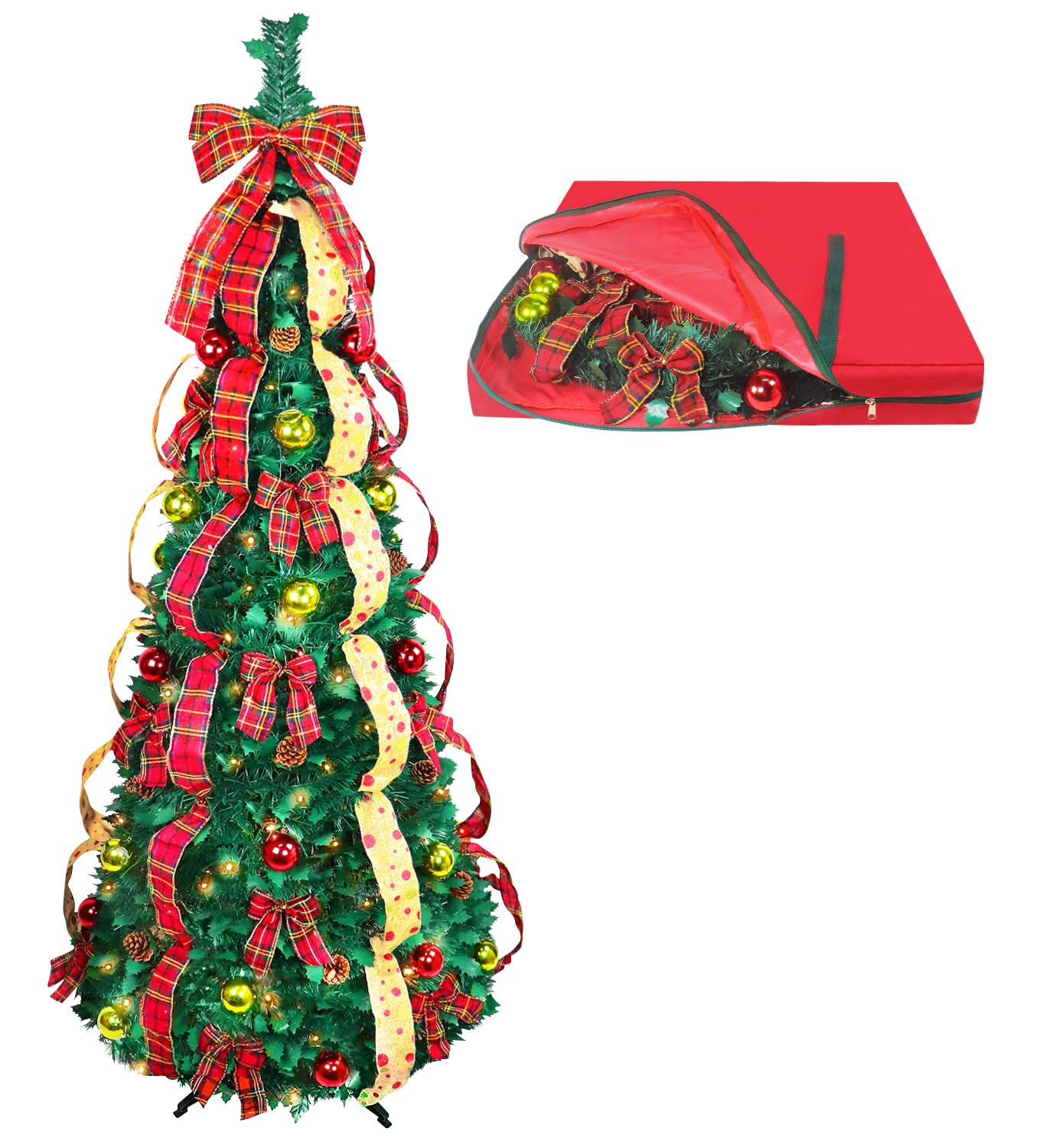 Christmas Tree Fully Decorated Dressed Pre Lit 6 ft Pull Up Pop Up with Storage Bag Includes Holiday Decorations, Ornaments, Pinecones, Stand and W