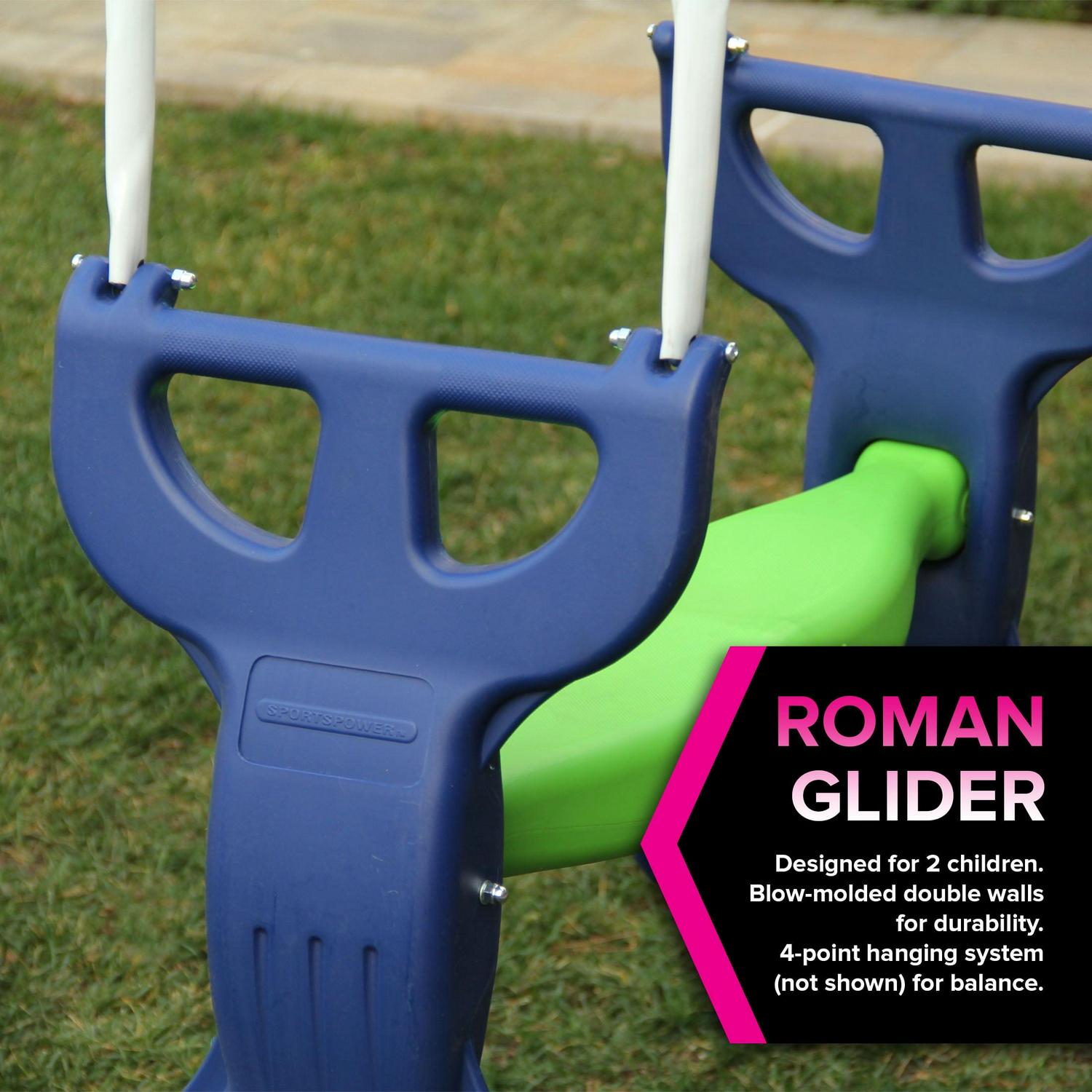 Sportspower Outdoor Rosémead Metal Swing Set with Roman Glider. Saucer. 6.5′ Slide with Lifetime Warranty. and Bonus Anchor Kit. Great for Kids Aged 3 - 8