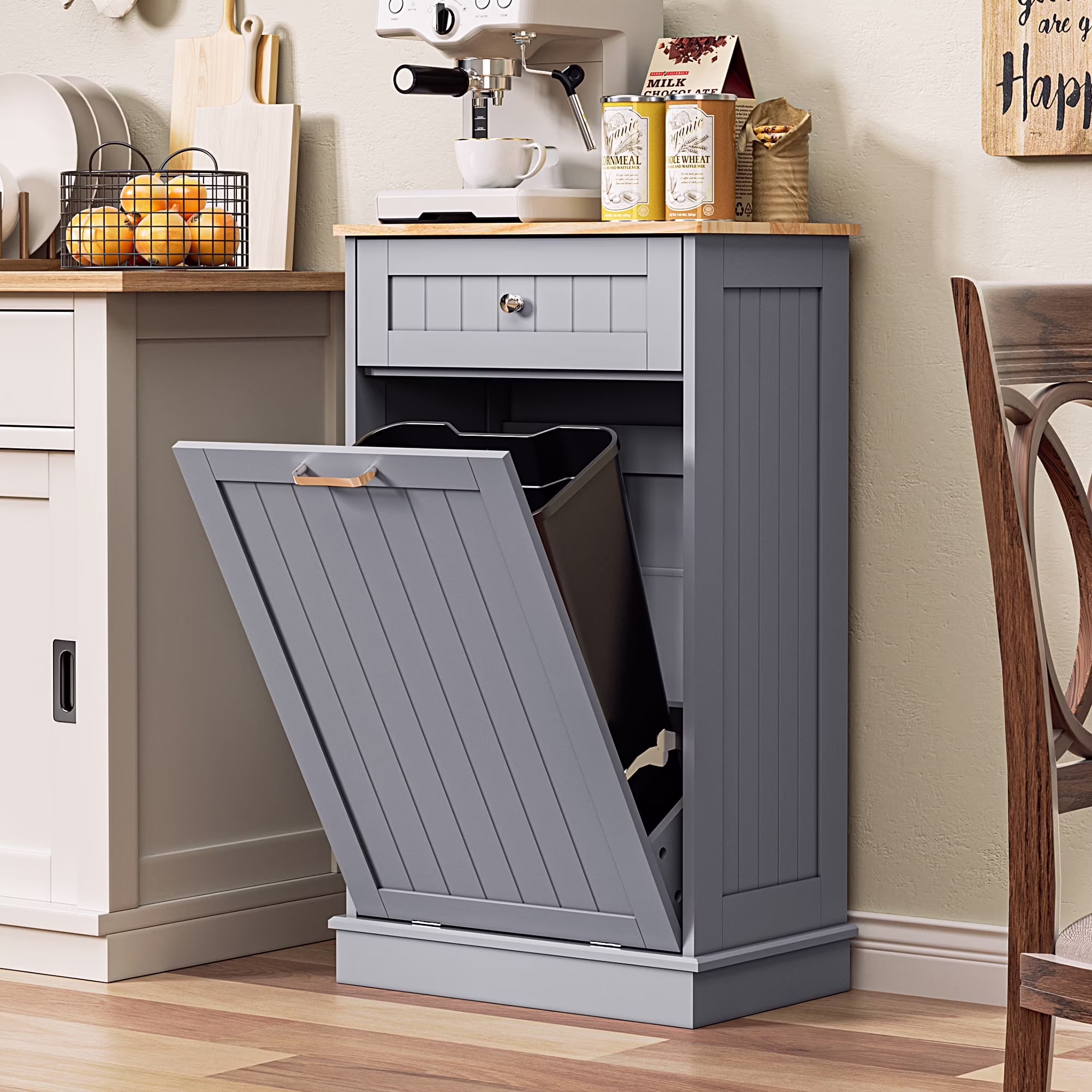 Single Tilt Out Trash Cabinet for 13 Gallon Waste Bin, Free Standing Kitchen Trash Can Cabinet with Drawers, White(White/13 gal) - Image 3