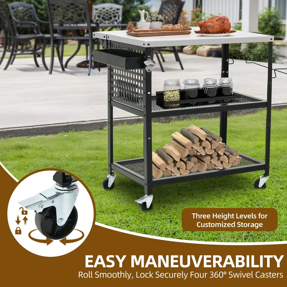 31.5''L x 27.6''W Outdoor Grill Cart Pizza Oven Table w/ 3-Tier Adjustable Shelf