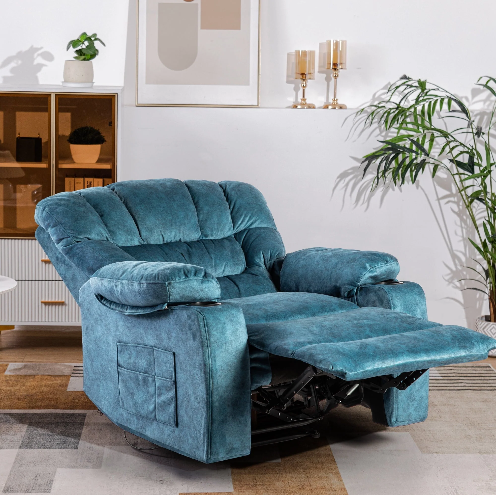 40 9" Wide Super Soft and Oversize Modern Design Velvet Upholstered Manual Recliner Chair with Heating and Massage, Green(Blue) Image 7