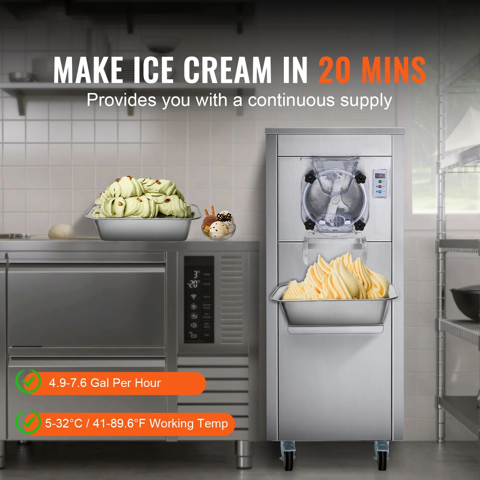 Commercial Ice Cream Machine, 18L/Hour Output, 1780W, Single Flavor, Mobile with Wheels, 6L Stainless Steel Cylinder, LED Screen, Auto Clean Pre-cool - Image 8