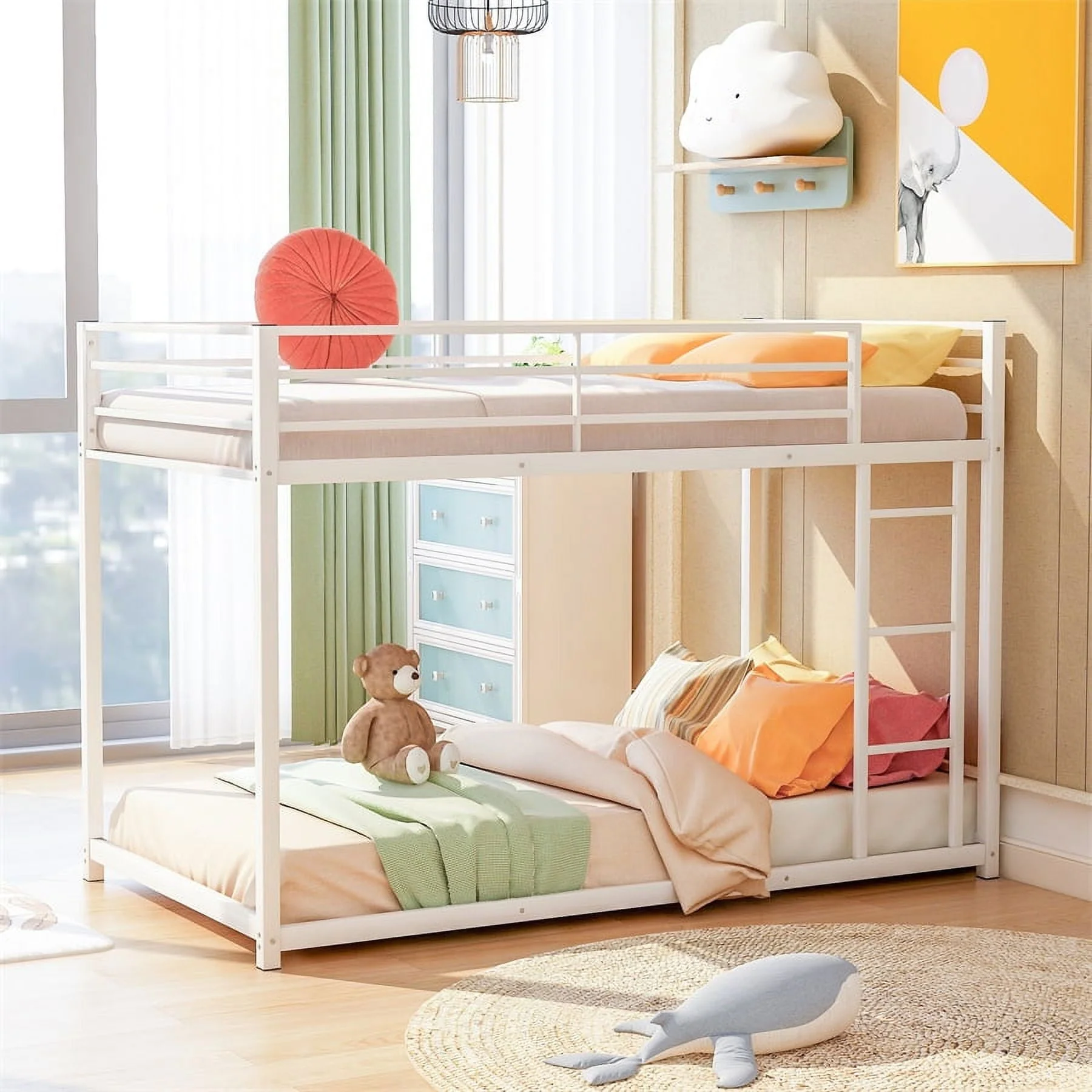 Twin Over Twin Metal Bunk Bed, Low Twin Bunk Bed with Safety Guardrail and Ladder, No Box Spring Needed, Steel Bunk Bed Platform Suitable for Girls Boys Teens, White
