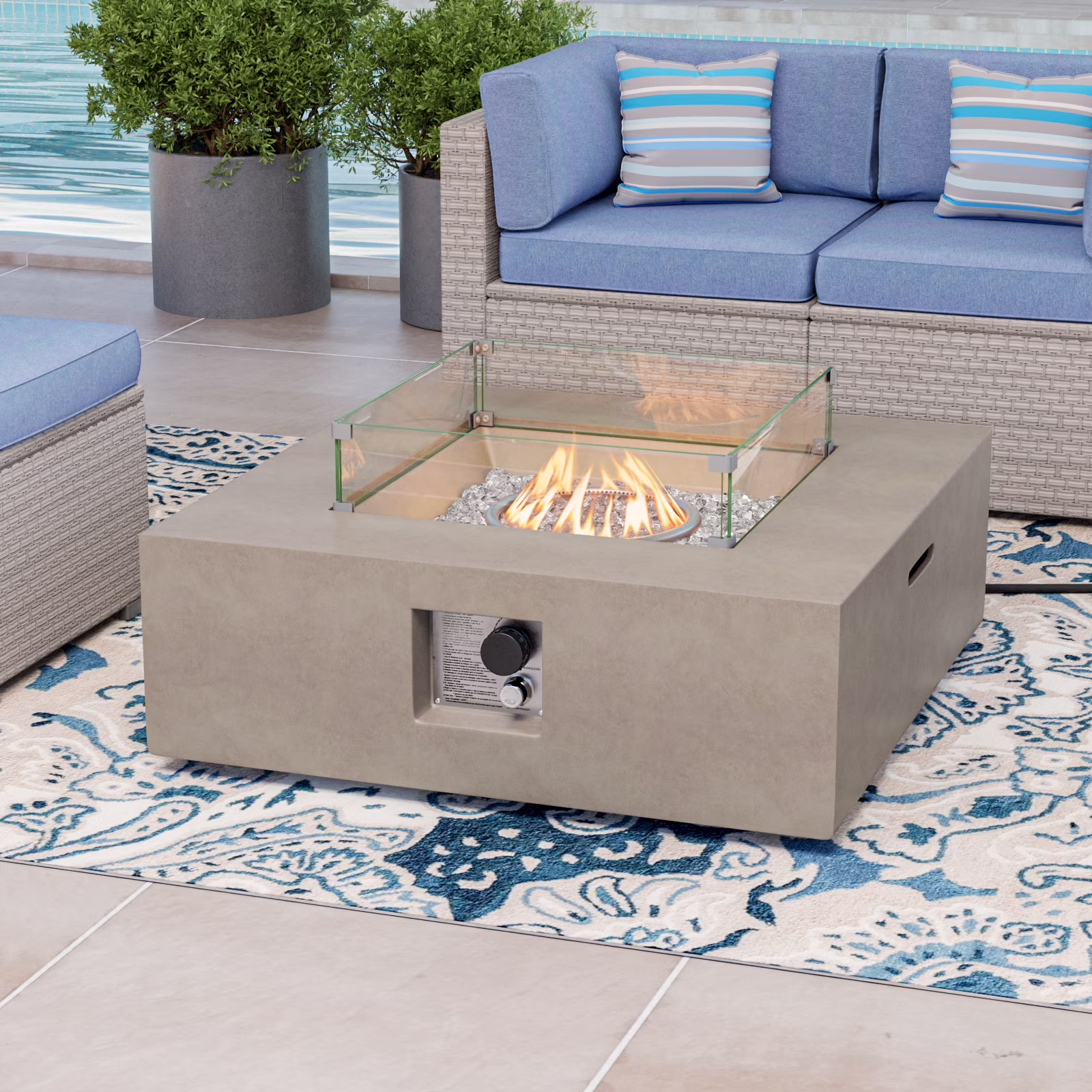 35" Square Concrete Fire Pit Table with Fire Glass Wind Guard(Brown/Blue Fire Glass) - Image 2