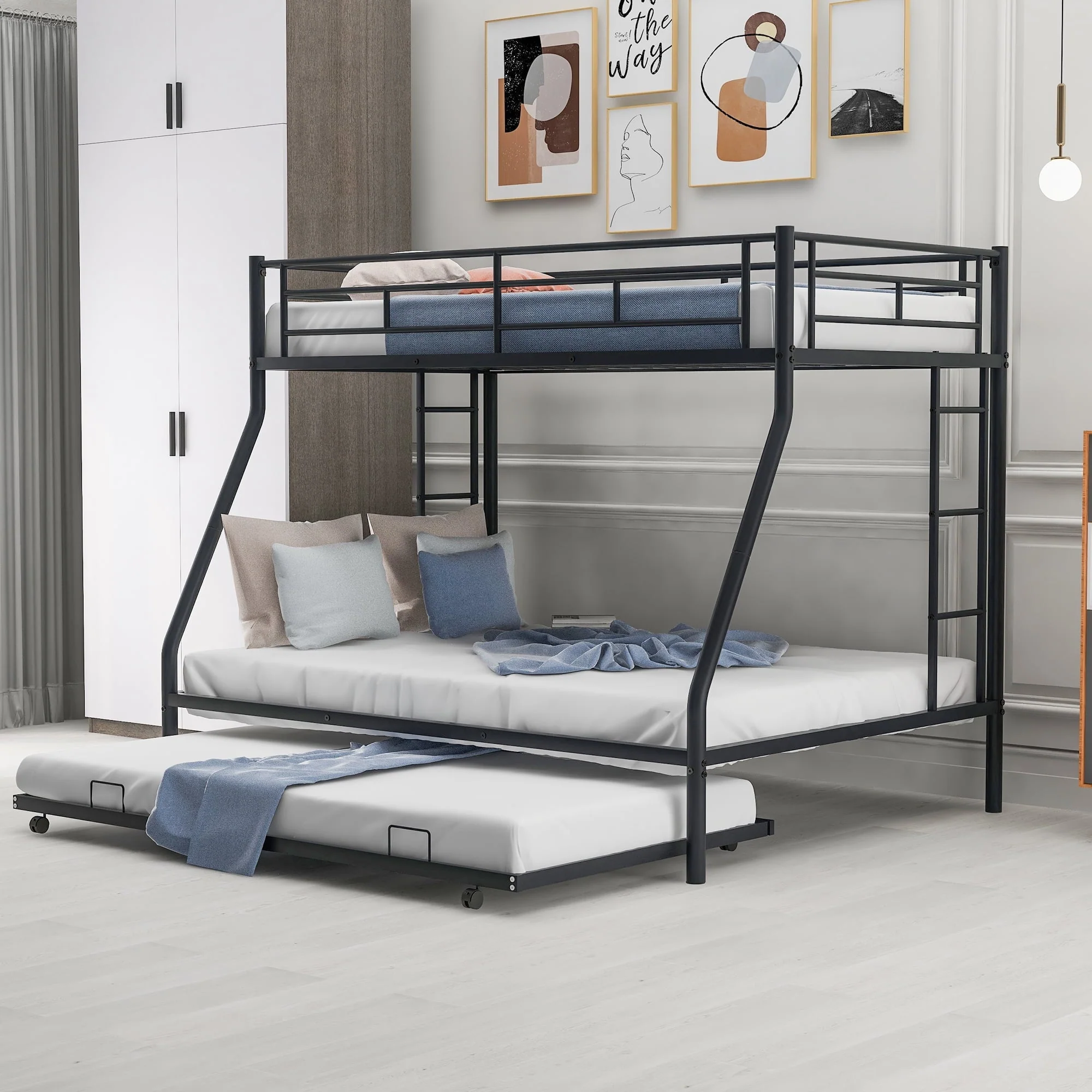 Twin Over Full Bunk Beds with Trundle Bed,Heavy Duty Metal Bed Frame with Sturdy Steel Frame,Triple Bunk Bed with Safety Guard Rails and Two Side Ladders for Boys Girls Adults,Black