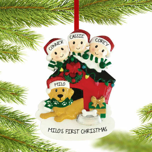 Family With Dog In Doghouse Personalized Xmas Ornament - 3, 4, 5 Figure Family Members