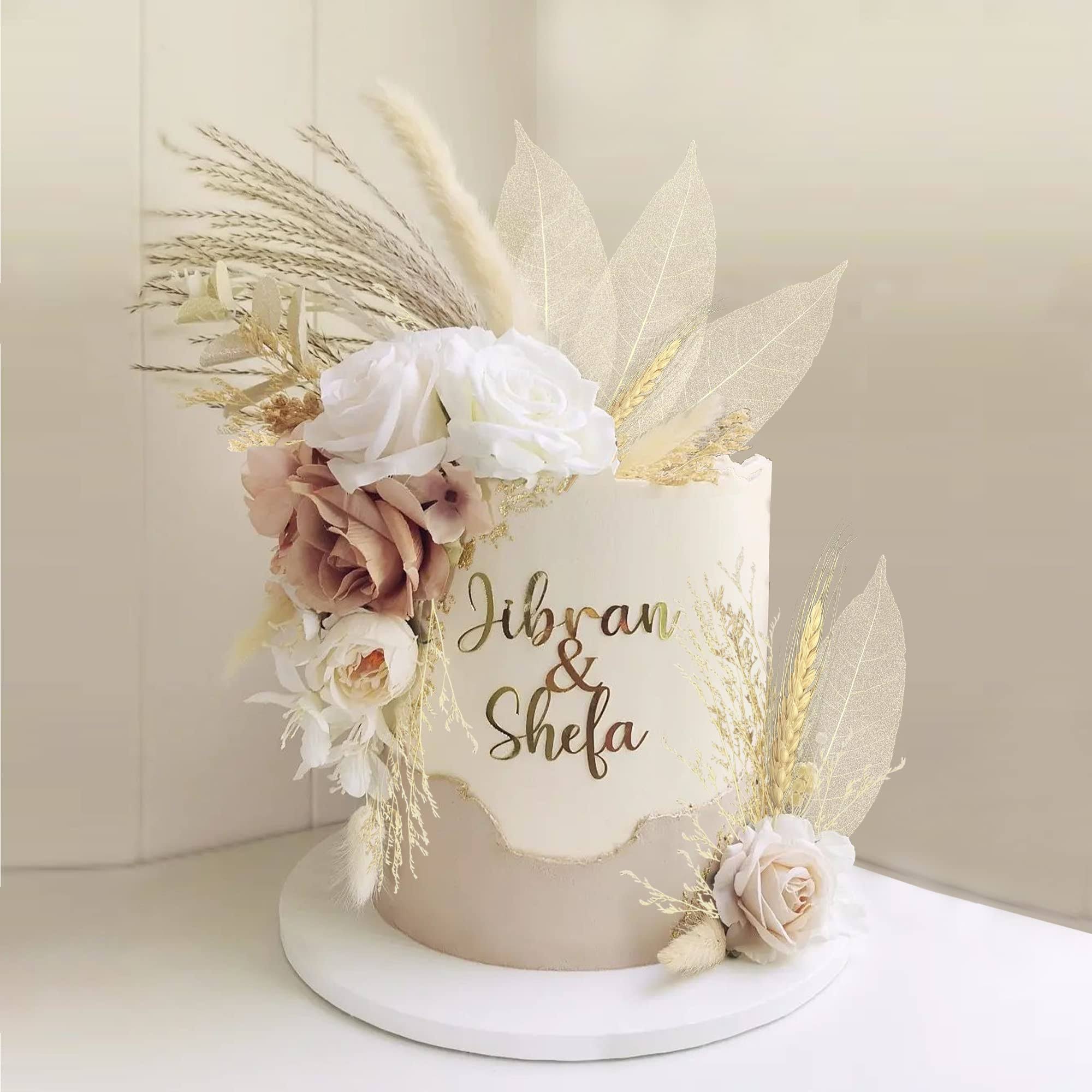 22 Pcs Boho Cake Topper Decorations Vintage Artificial Rose Flowers Leaves Various Dried Pampas Grass Cake Decor for Cake Decorating for Wedding