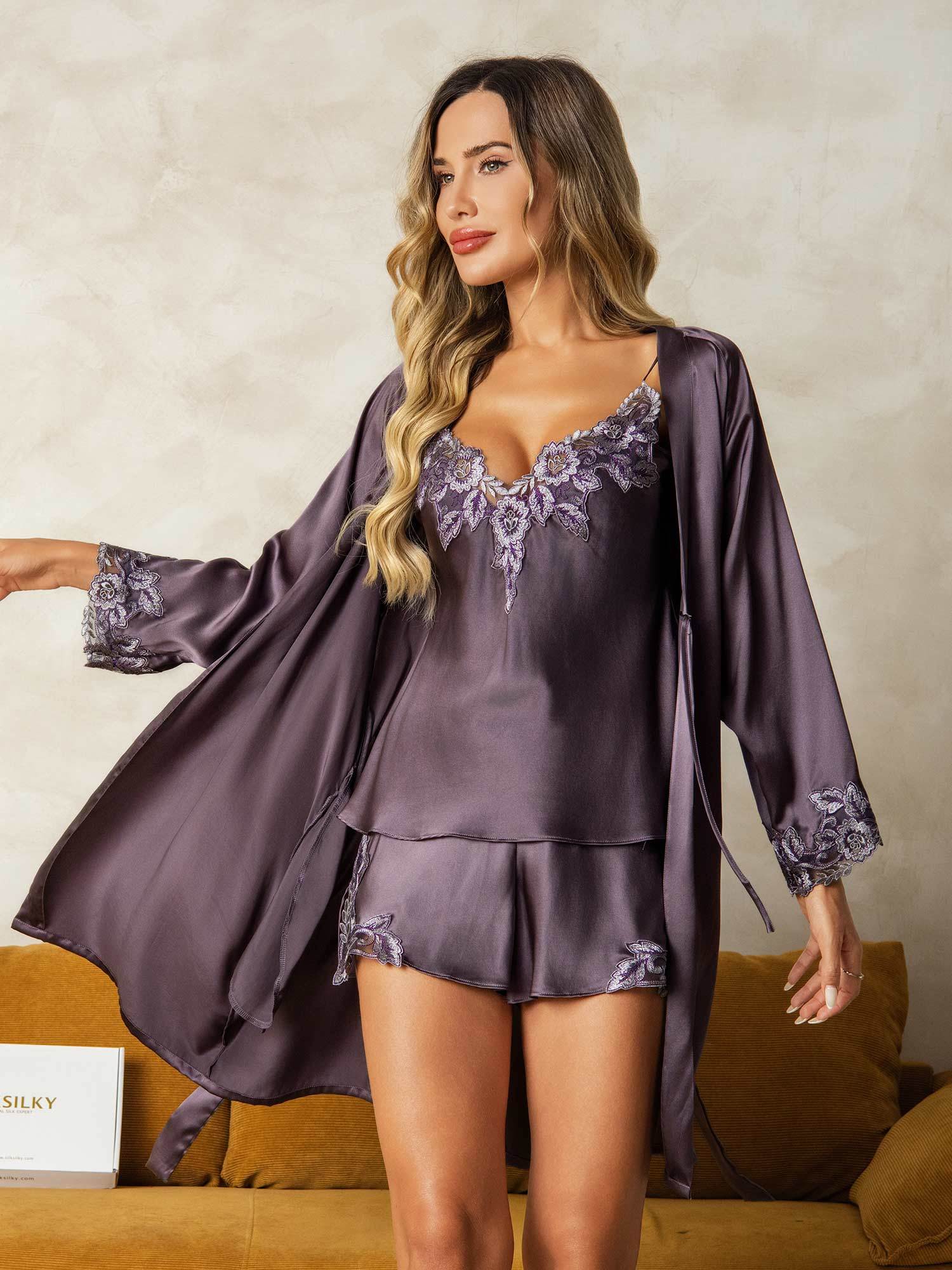 Elegant Pure Silk Lace Trimmed Robe and Camisole Set 3Pcs