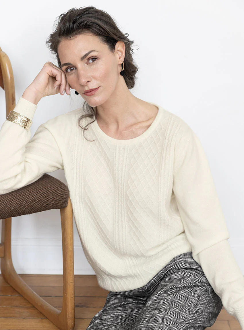 Pull femme cachemire et laine blanc crème