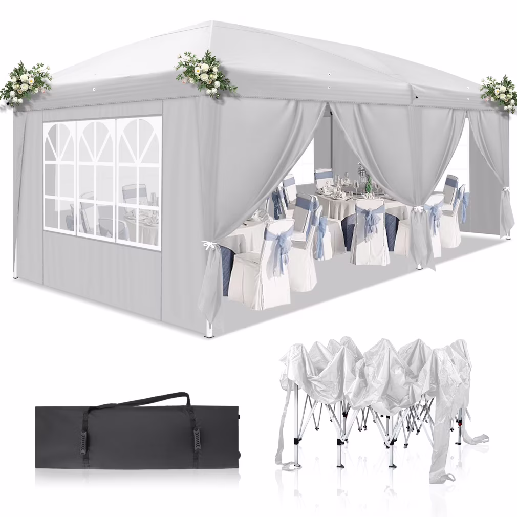 10x20 Pop Up Canopy Tent with 6 Removable Sidewalls and 4 Windows, Waterproof Commercial Instant Shelter Tent for Wedding, Courtyard with Portable Bag, White(White)