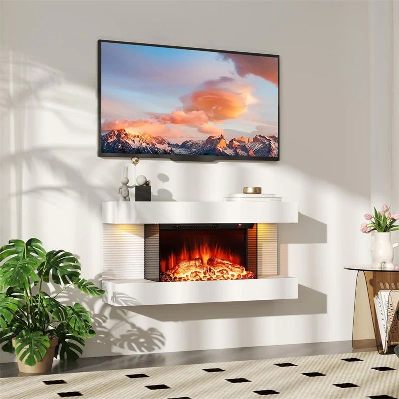 32"/50" Floating Fireplace Mantel with 18" 3-Sided Electric Fireplace, 1500W Wall Mount Heater with 12-Color Flame/LED Lights, Remote & Timer