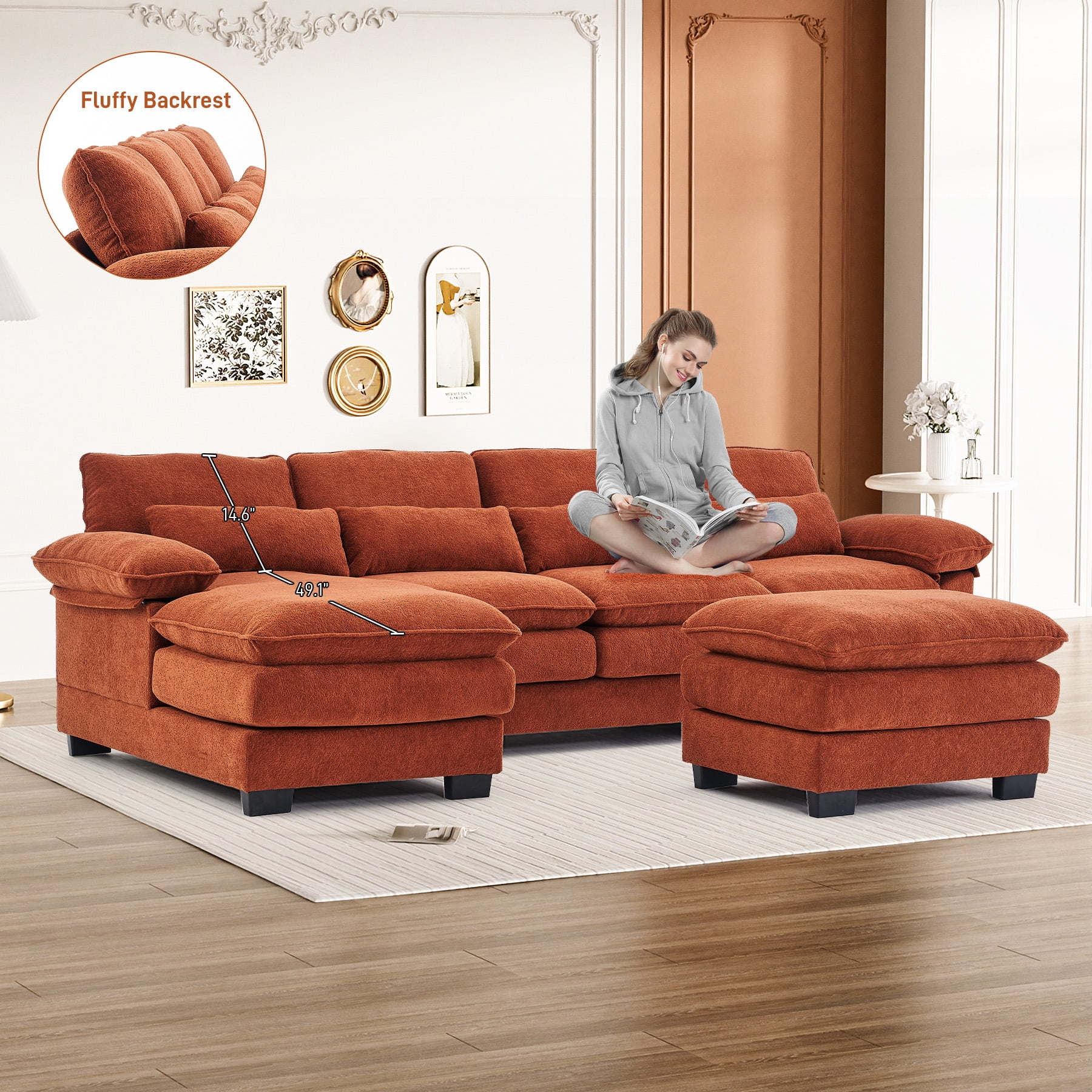 114 3" U Shaped Sectional Couches for Living Room,Cloud Couch,4 Seats Chenille Couch with Double Layer Cushion,Orange(Orange) Image 4