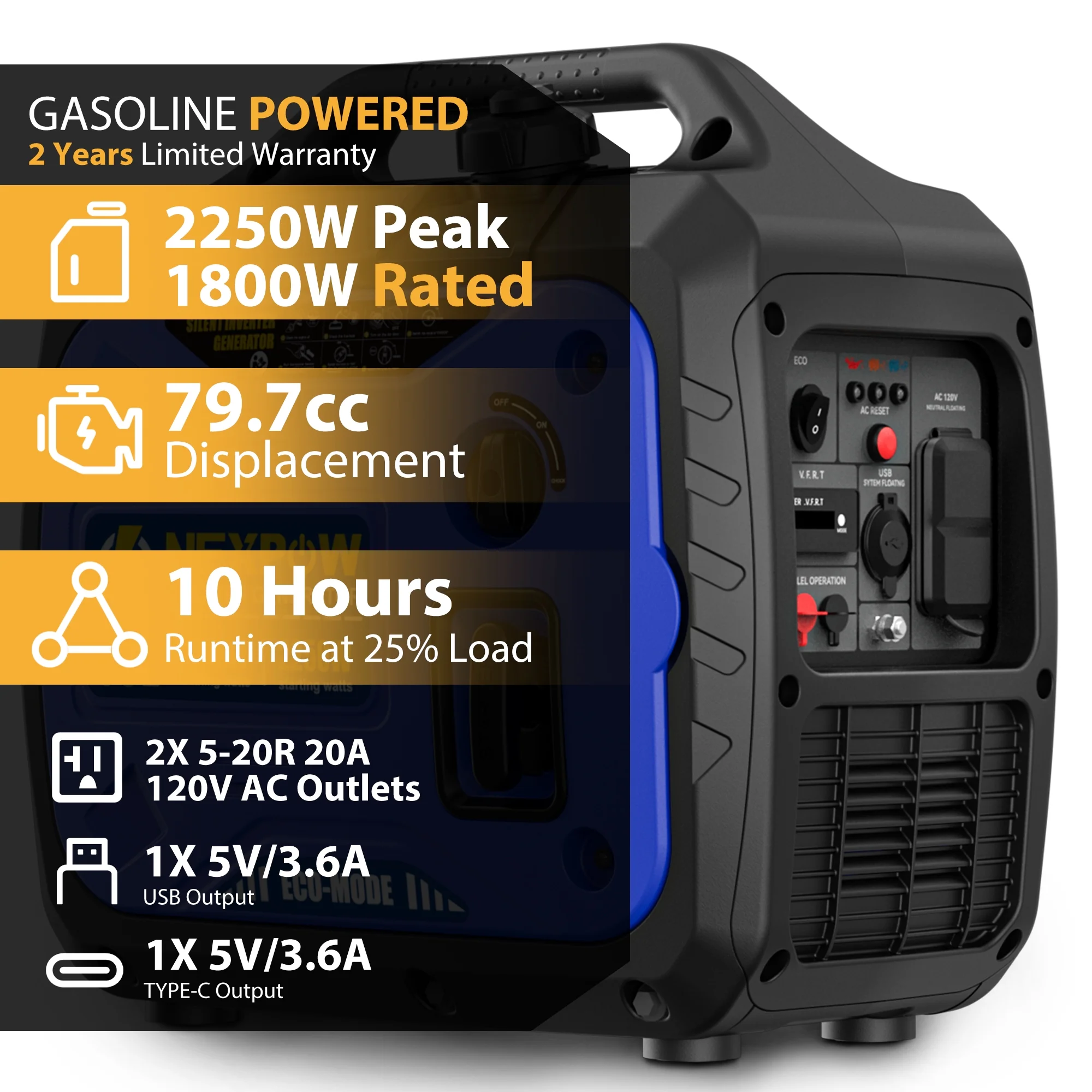 2250W Portable Inverter Generator, Gasoline Power Quiet Lightweight for Backup Home Camping, Eco-Mode Feature, Parallel Capability, EPA Compliant(2250 W) - Image 2