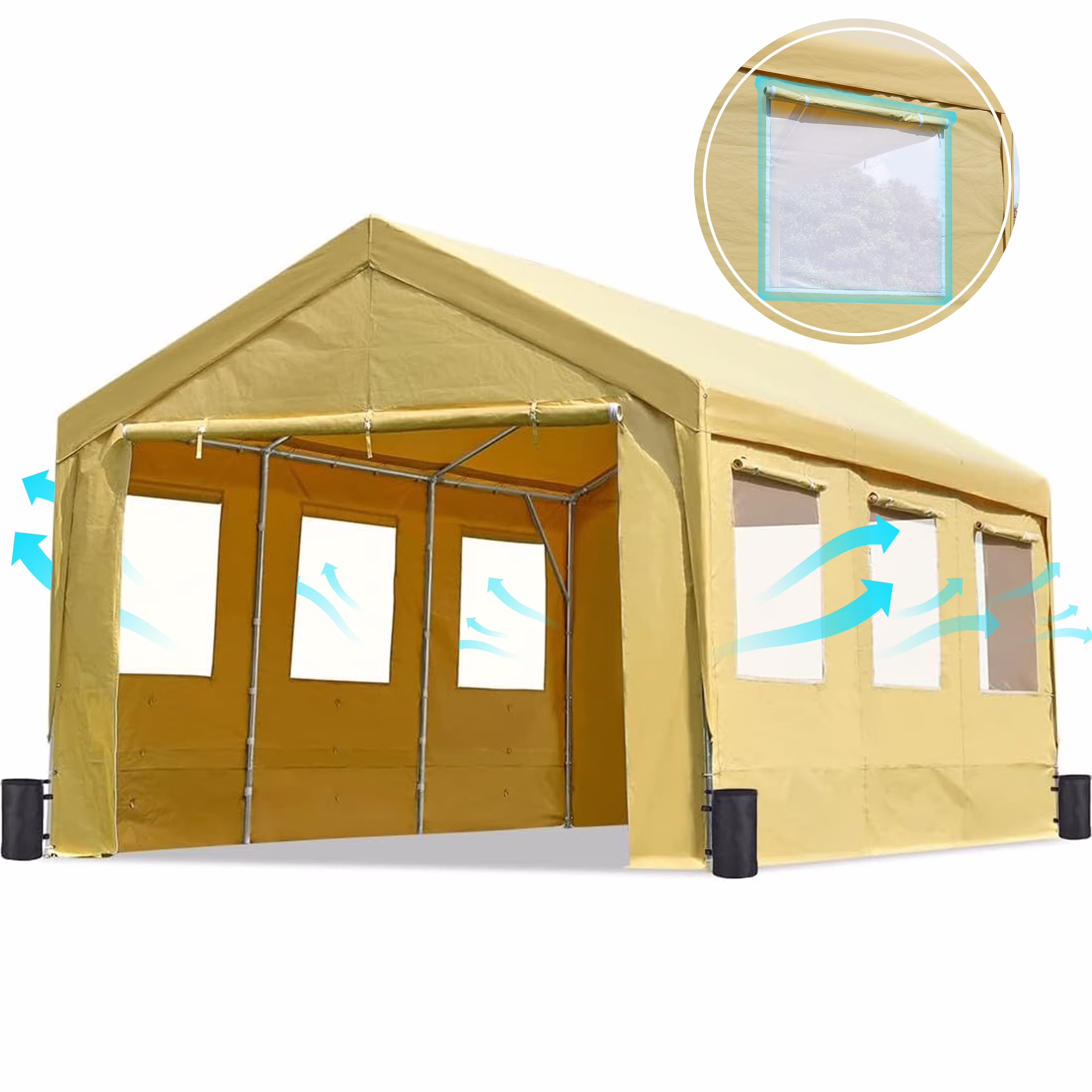ADVANCE OUTDOOR 10x20 Ft Heavy Duty Carport with Roll - up Ventilated Windows & Removable Sidewalls Car Canopy Garage Boat Shelter Party Tent, Adjustable Height from 9.5ft to 11ft, Beige Yellow