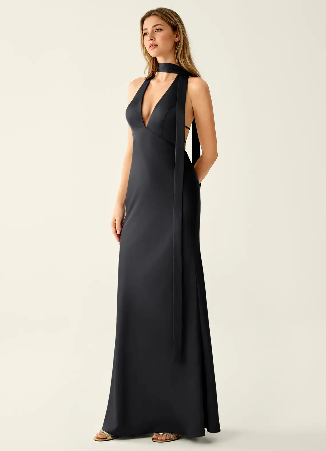Wrenllien Black Satin Prom Dress