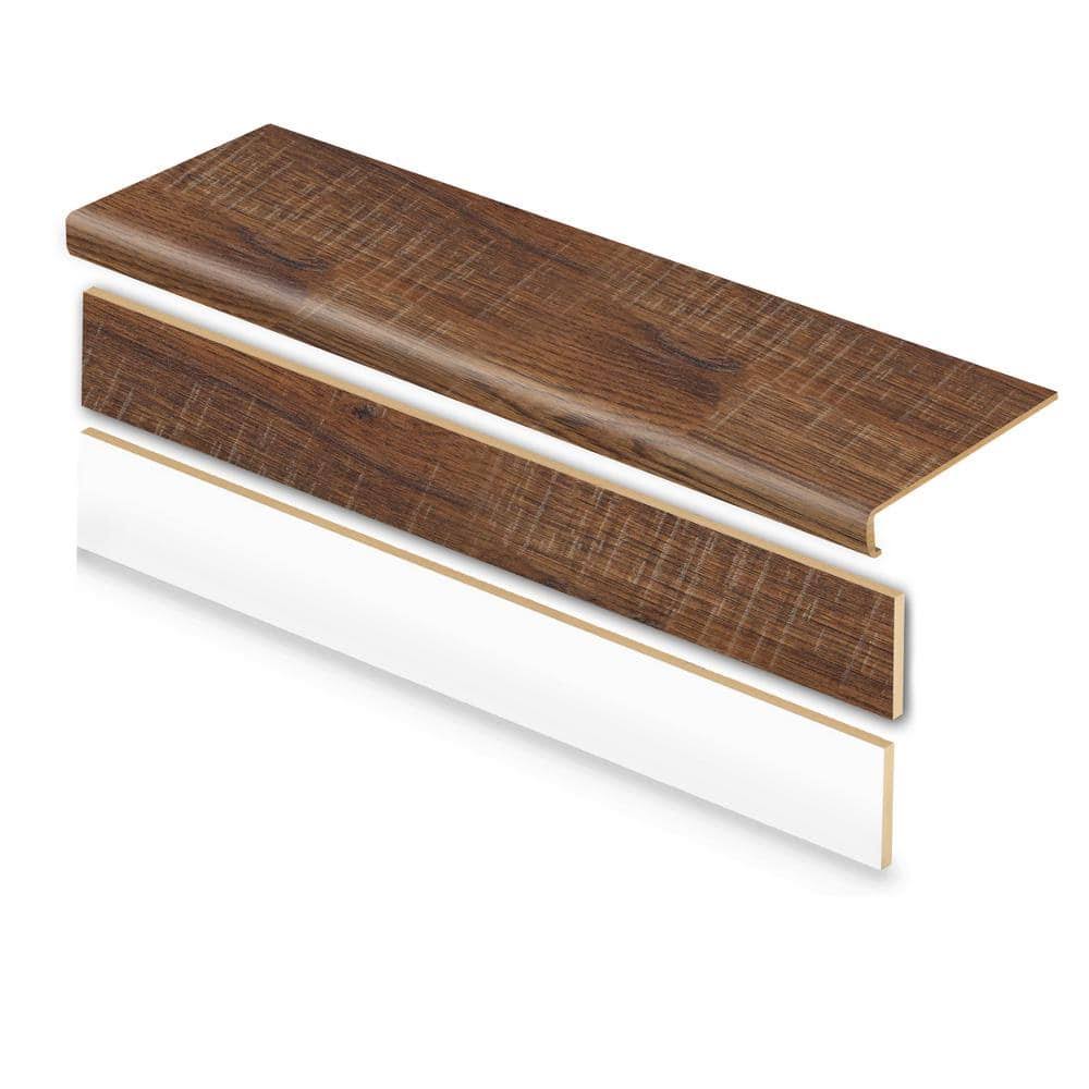 Cap A Tread Distressed Brown Hickory 47 in. L x 12.15 in. W x 2.28 In.T Laminate Stair Tread and Reversible Riser Kit Adhesive, Medium