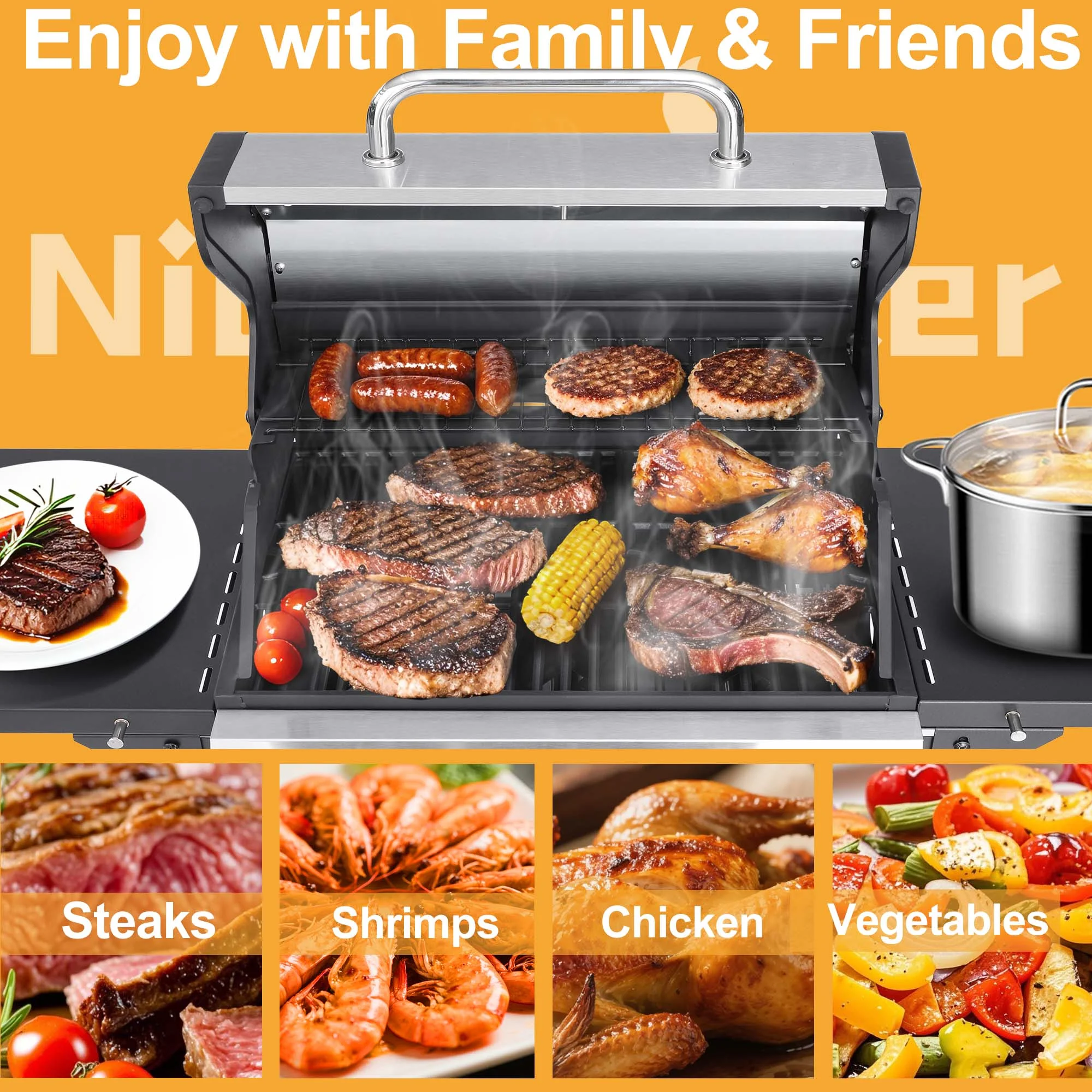 3-Burner Propane Gas Grill with 2 Foldable Side Tables, 30,000 BTU Outdoor BBQ Stainless Steel Grill with Porcelain-Enameled Cast Iron Grates and Thermometer, Easy Assembly for Patio, Backyard BBQ(Pro 3-Burner) - Image 7
