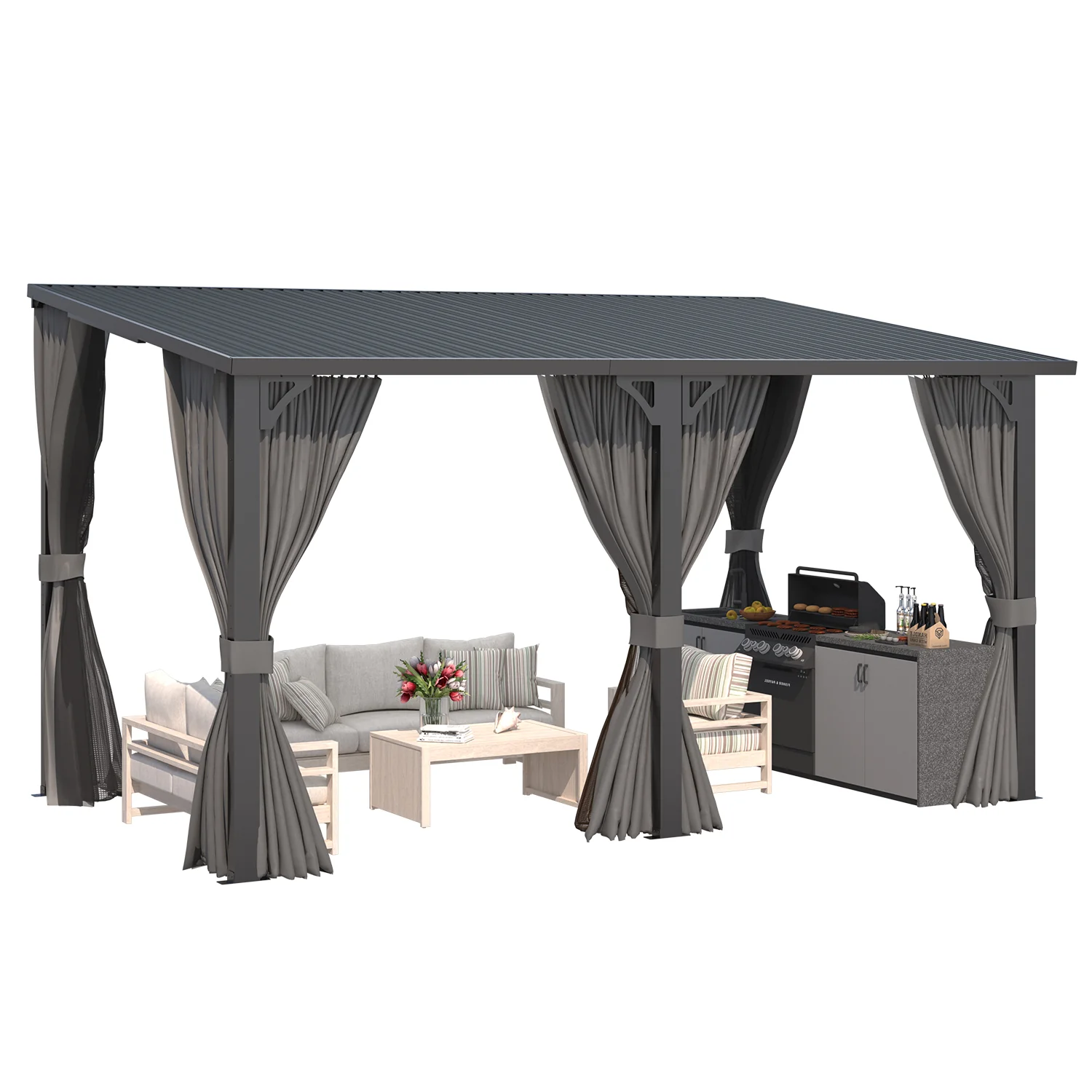 AECOJOY 14'x8' Outdoor Hardtop Metal Gazebo with Curtain and Netting