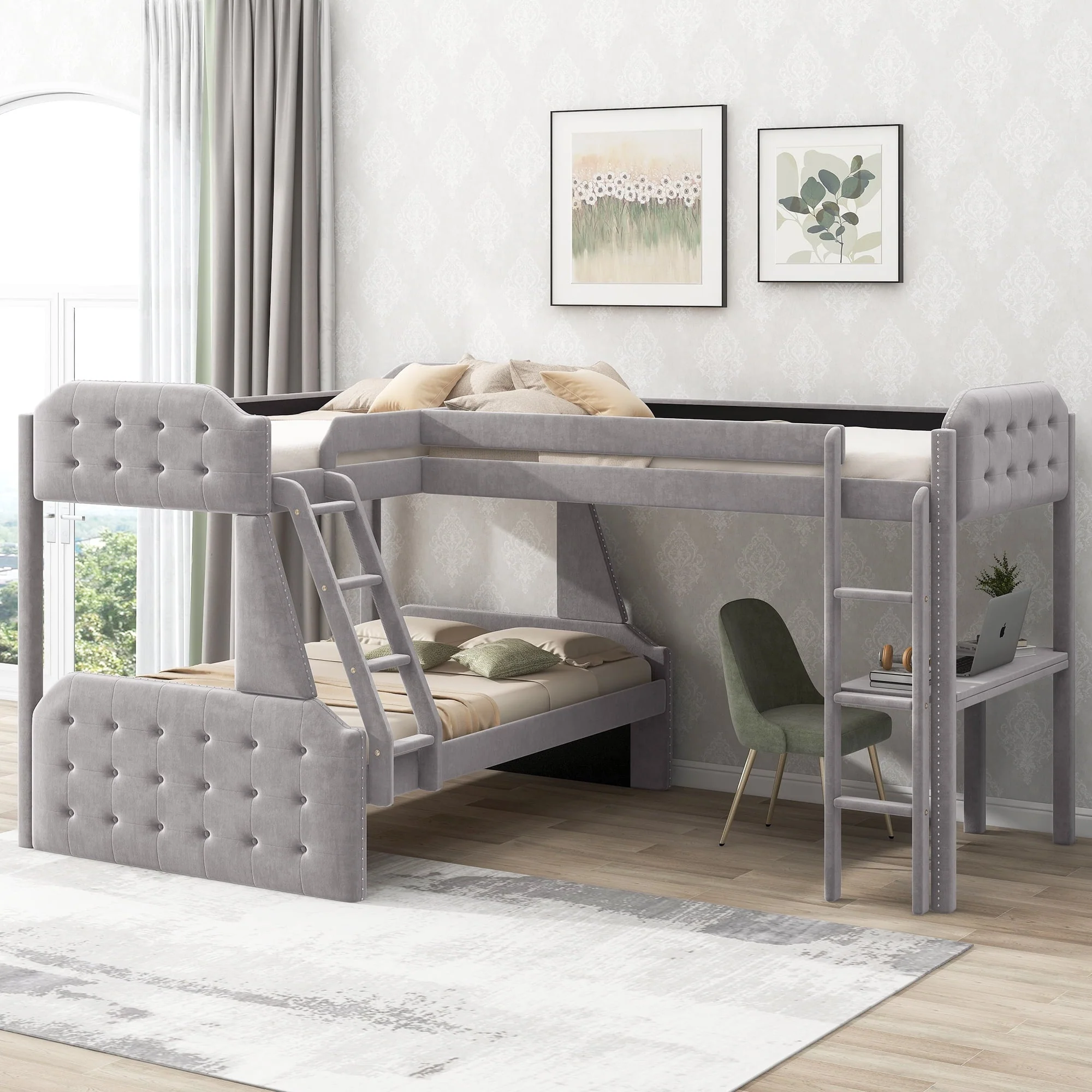 EUROCO Upholstery L - Shaped Twin Over Full Bunk Bed and Twin Loft Bed with Desk for Kids Bedroom, Gray