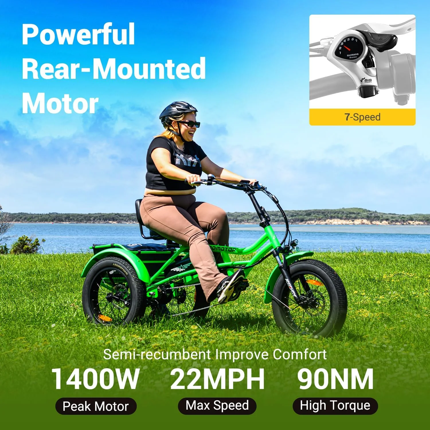 M-360II Semi-Recumbent Electric Trike, 85MI, Fat Tire 3 Wheel Electric Bike for Adults, 750W 48V 20Ah Electric Tricycle for Seniors, 20" Electric Trike with Speed Differential, Green(Standard/Green) - Image 10