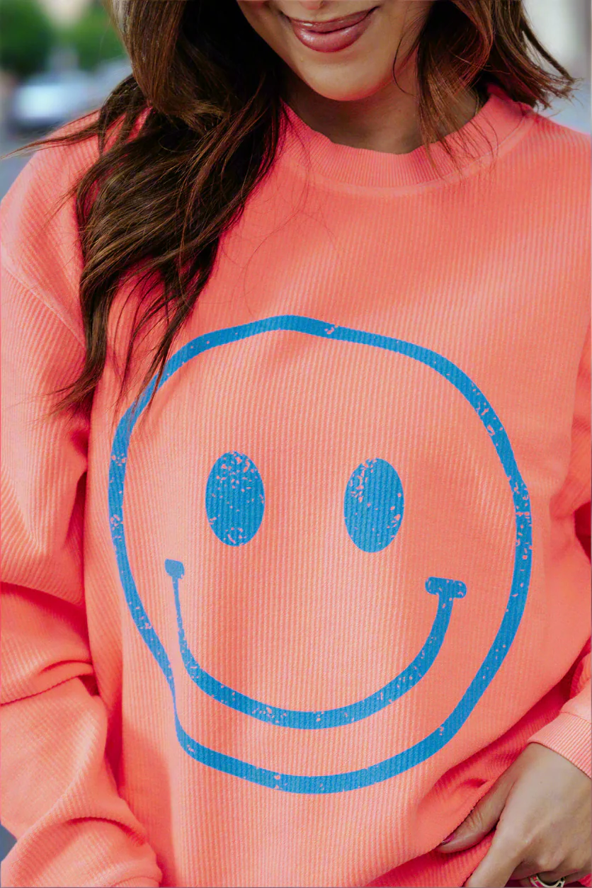 Happy Face Ribbed Graphic Crewneck