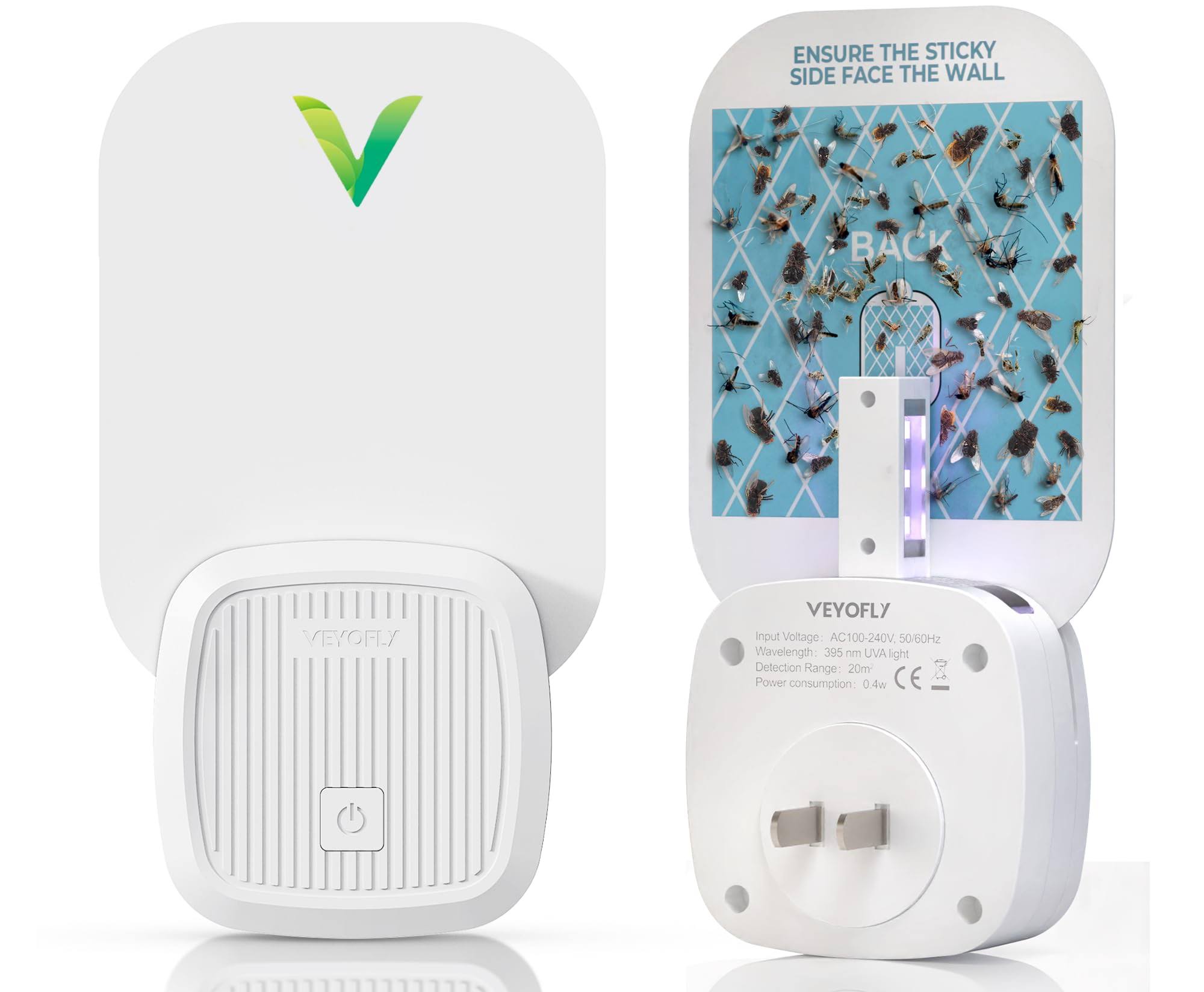 VEYOFLY Indoor Flying Insect Trap - Plug-In Bug Light Trap for Fruit Flies, Gnats and Houseflies - Odorless and Mess Free (1 Device + 3 Glue Boards)