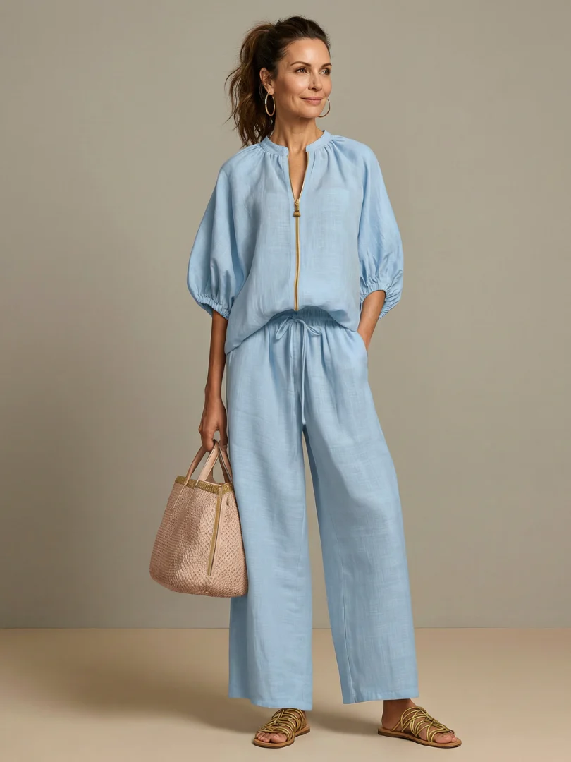 Ensemble blouse zippée et pantalon à jambes larges pour femme