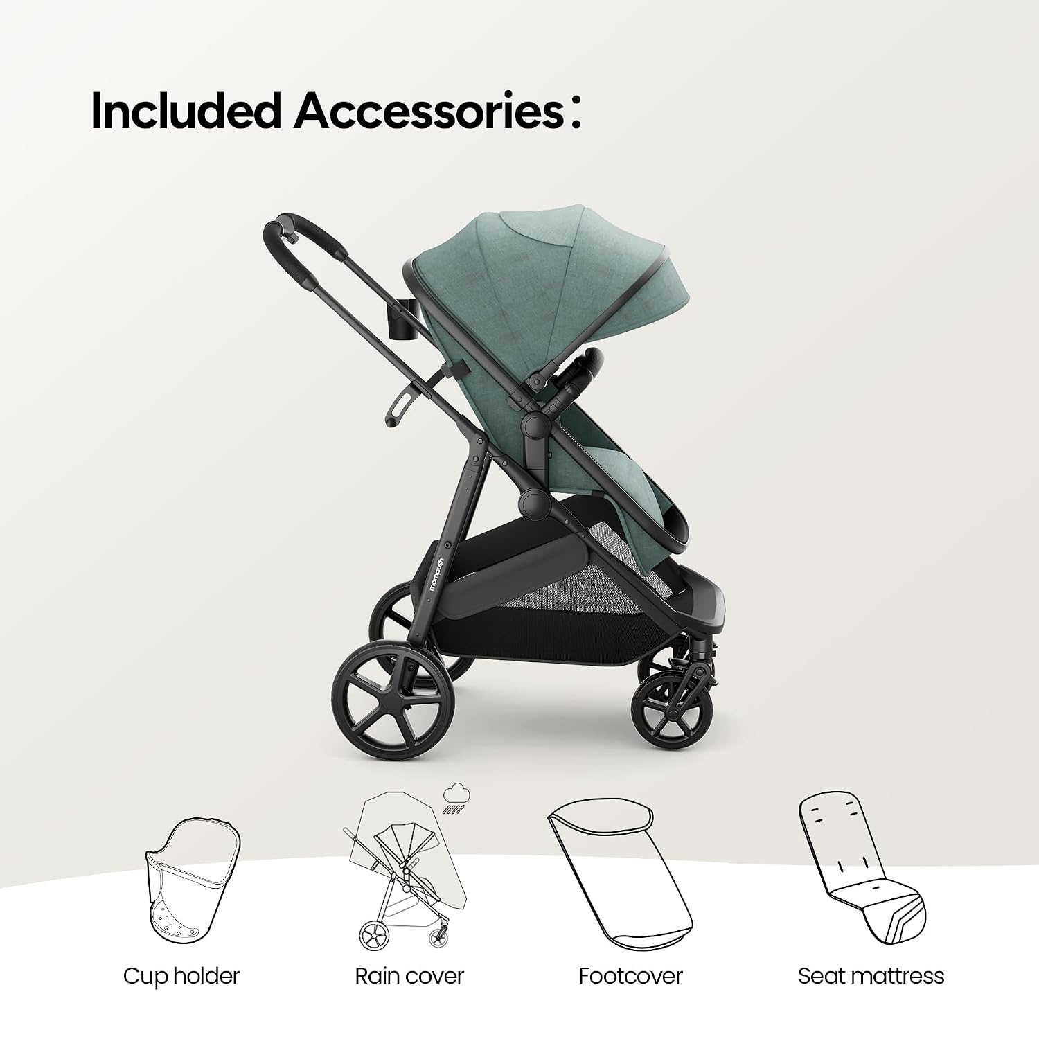 Mompush Wiz 2-in-1 Bassinet Stroller Reversible Seat, One-Hand Fold, Sage
