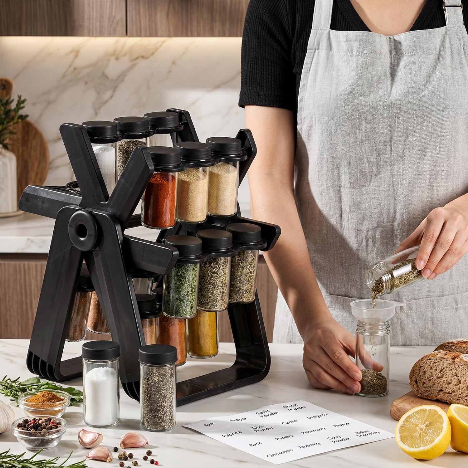 Yungyan Ferris Wheel Rotating Spice Rack Seasoning Organizer with 18 Empty Jars, Spice Containers Set with Labels and Funnel, Revolving Seasoning Rack Black Kitchen Countertop Cabinet Accessories