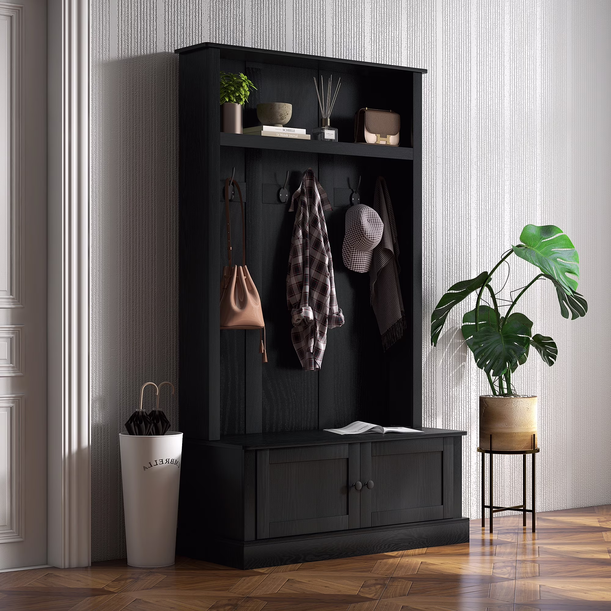 Hall Tree, Entryway Bench w/ Coat Rack, Shoe Cabinet, Black(Black)
