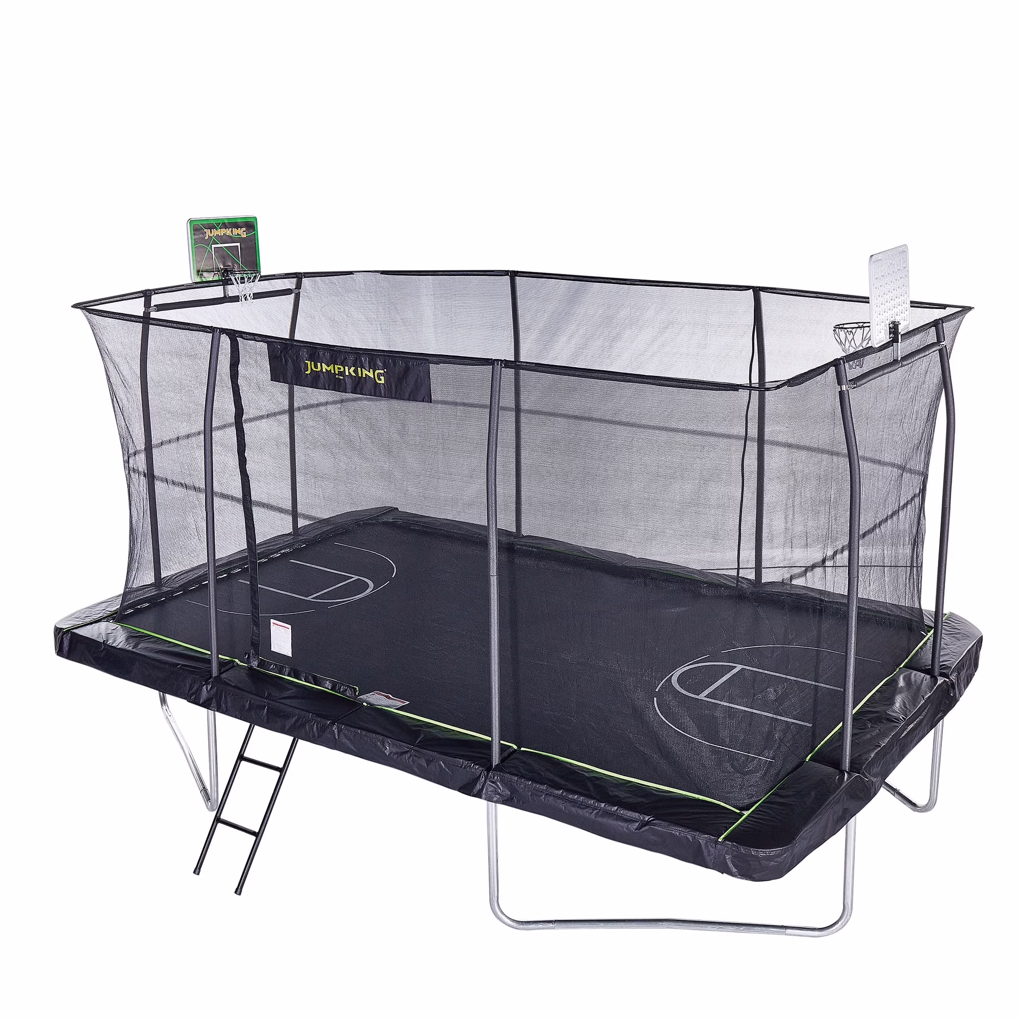 10'x15' Rectangle Trampoline with 2 Powder Coated Basketball Hoops Breakaway Rim and Ladder  Large Recreational Trampoline for Kids and Adults with Enclosure Net