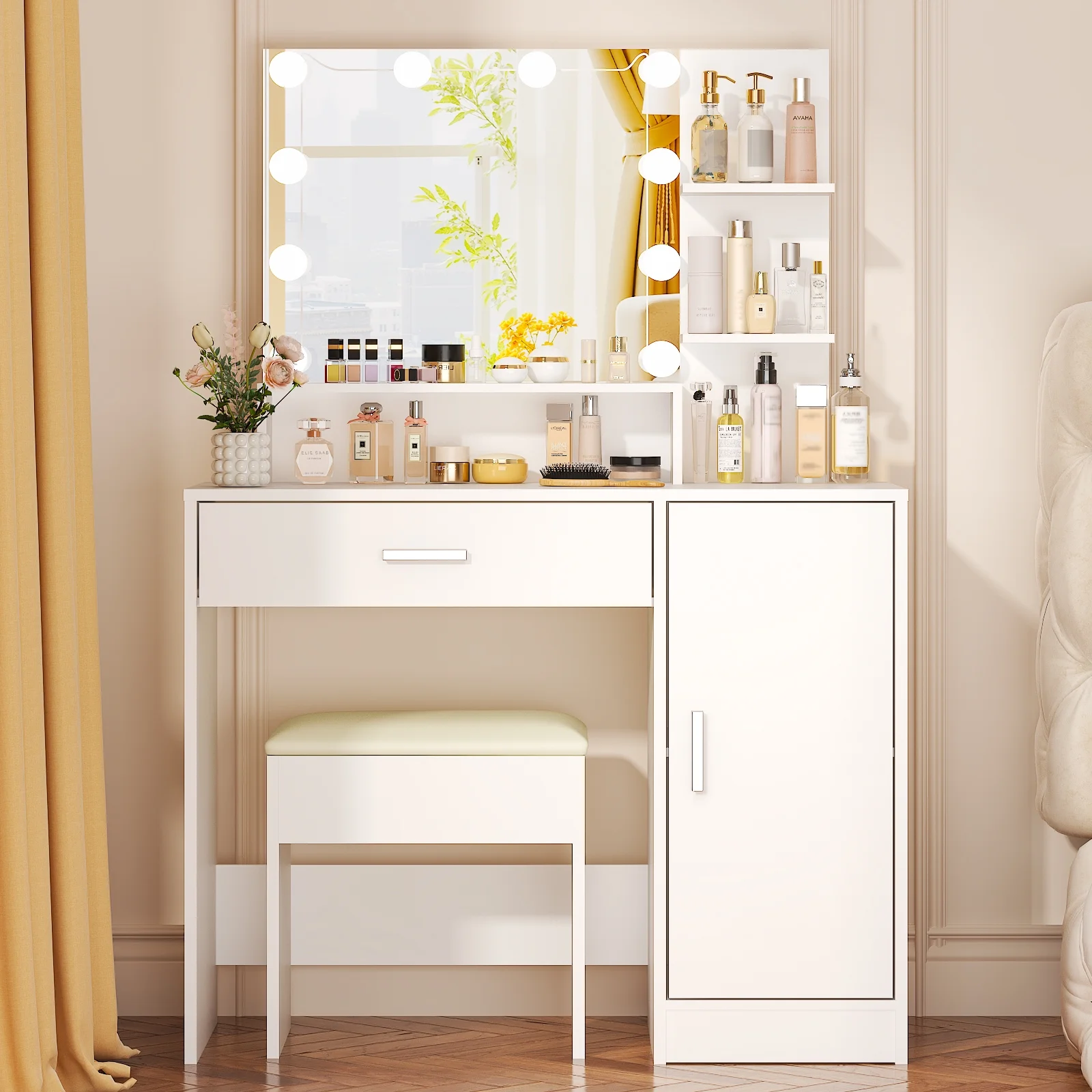 Vanity Set with 3 Color Lighted Mirror, Makeup Table with 3 Storage Shelves Drawers, Dressing Table Makeup Desk with Stool,White(White) - Image 6