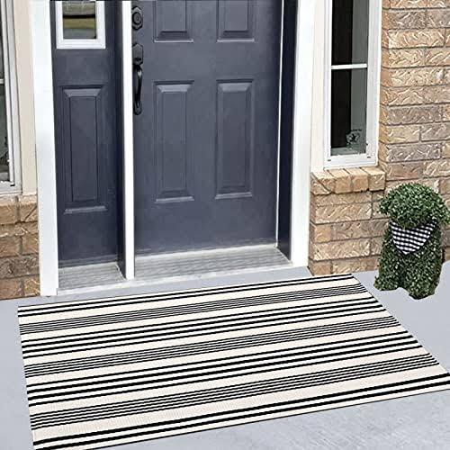 BUAGETUP Black and White Striped Rug 24'' x 51''Outdoor Front Porch Rug Hand-Woven Machine Washable Indoor/Outdoor Layered Door Mats for