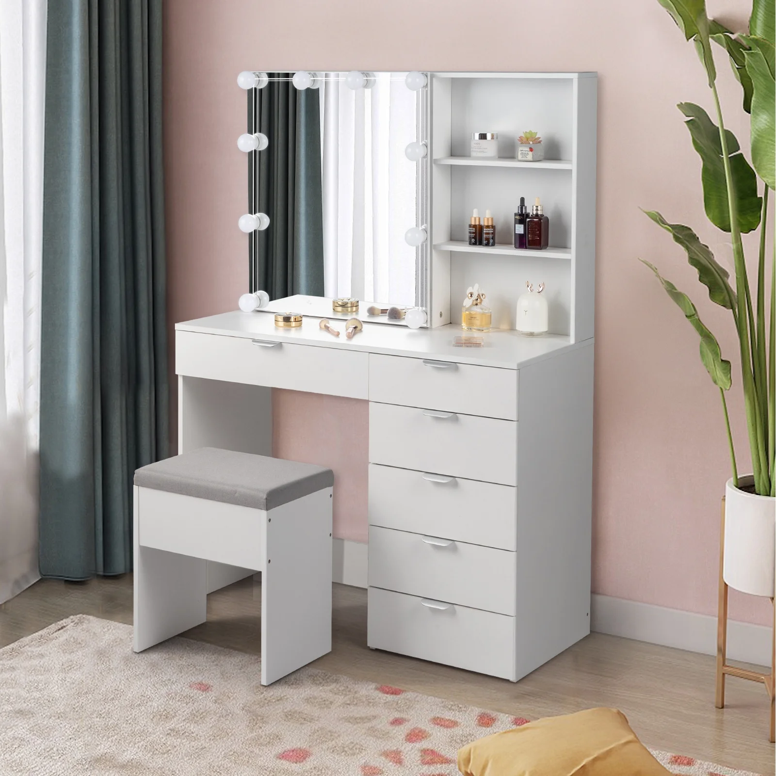 Vanity Set with 3 Color Lighted Mirror, Makeup Table with 6 Drawers, Dressing Table Makeup Desk with Stool,White(White) - Image 6