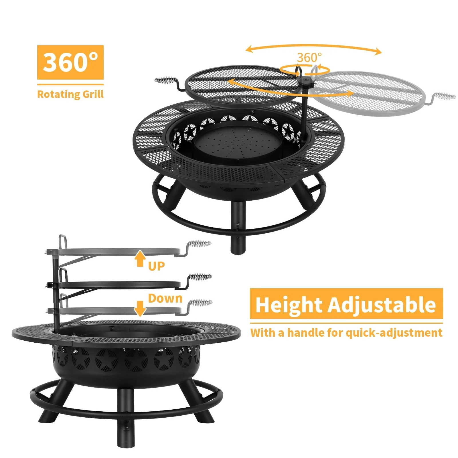 Hykolity 35 Inch Fire Pit with Cooking Grate Charcoal Pan, Outdoor Wood Burning BBQ Grill Firepit Bowl with Cover Lid, Steel Round Table for Backyard Bonfire Patio Picnic Image 5