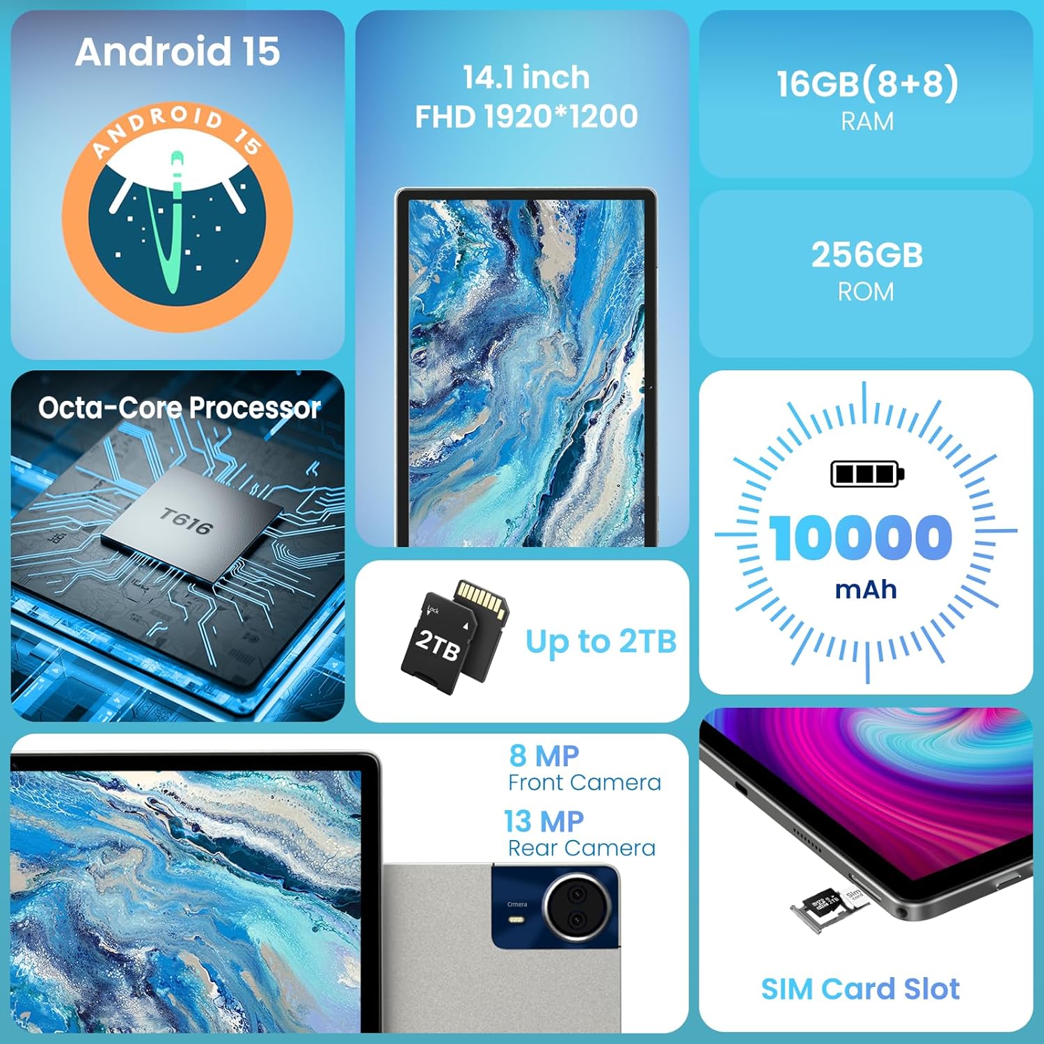 14 inch Large Screen Tablet  Android 15 Tablet 16GB RAM 256GB ROM  1920 * 1200 IPS FHD Display  Widevine L1  10000mAh 18W Charging  Wi-Fi & Bluetooth  4G LTE  with Stand Case & Stylus