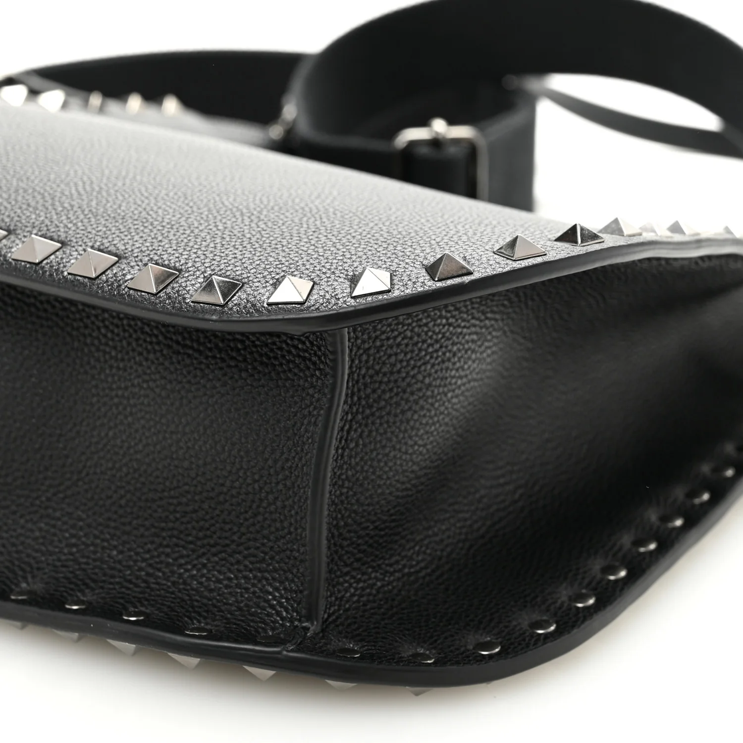 Grained Calfskin Rockstud Hobo Shoulder Bag Black
