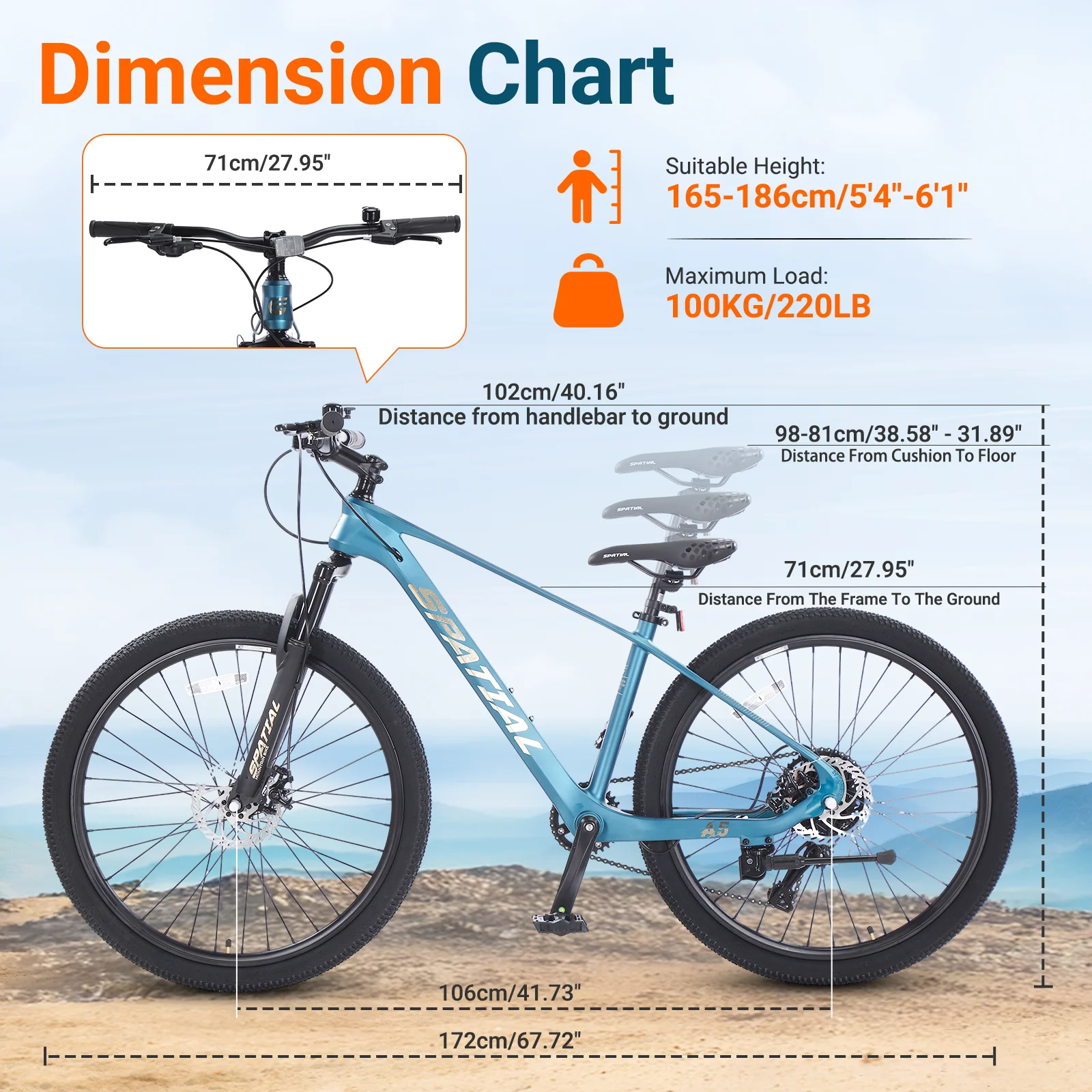 SPATIAL 24/26/27.5/29 in Mountain Bike, 8/21 Speed Lightweight Aluminum Magensium Frame Mountain Bicycle, Fits Men Women Teenagers Adult Disc Brake MTB Bicycle