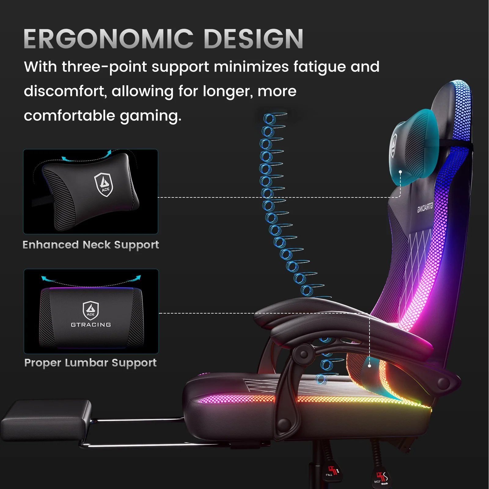 RGB Ergonomic Gaming Chair with Massage, LED Lights, Footrest, Lumbar Support and Backrest, Black - Image 9