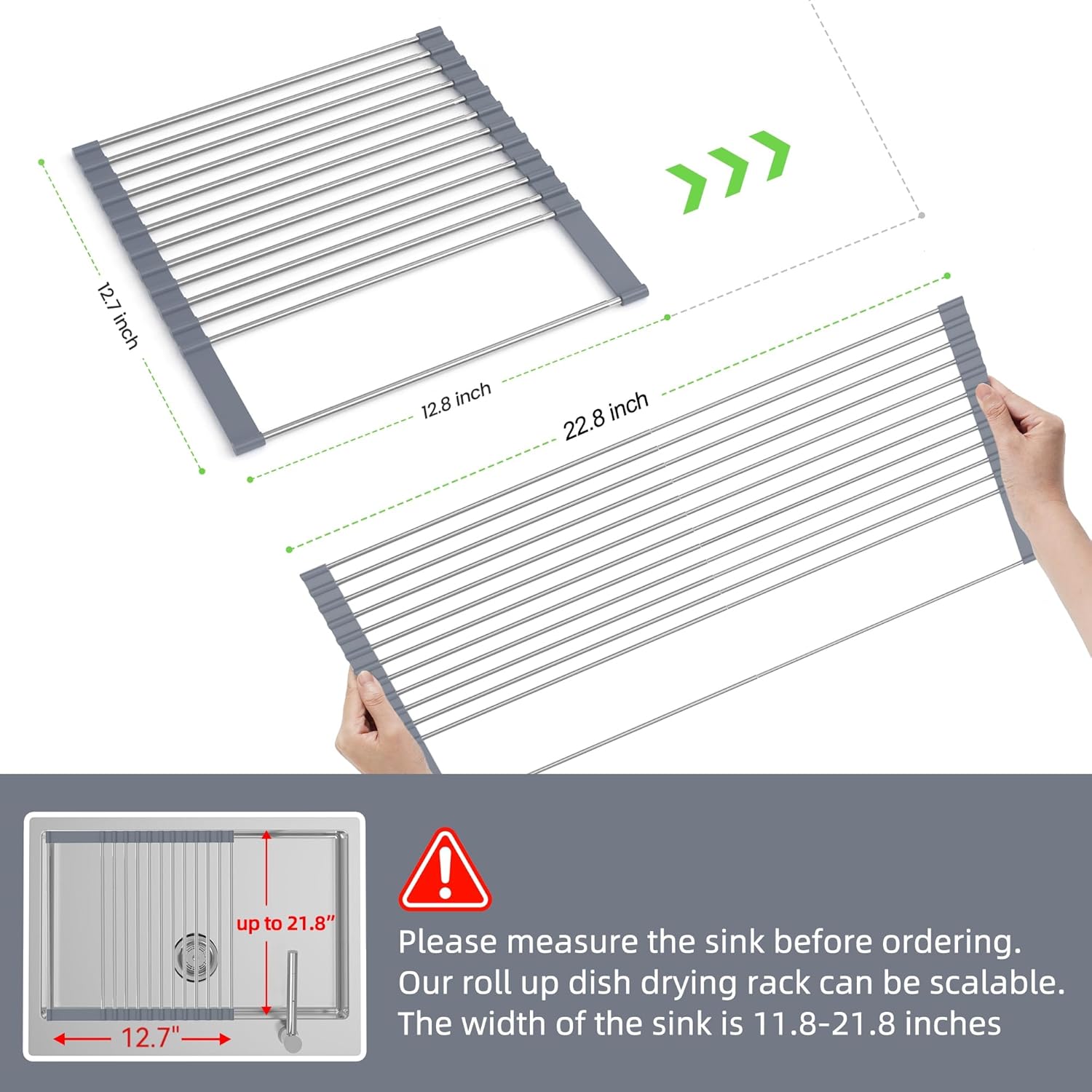 BBXTYLY Expandable Roll Up Dish Drying Rack Up to 22.8'' with 2 Storage Baskets, Over The Sink Kitchen Rolling Up Dish Drainer Drying Rack, Foldable, Rollable, for Kitchen Dishes (Expandable Width Size)
