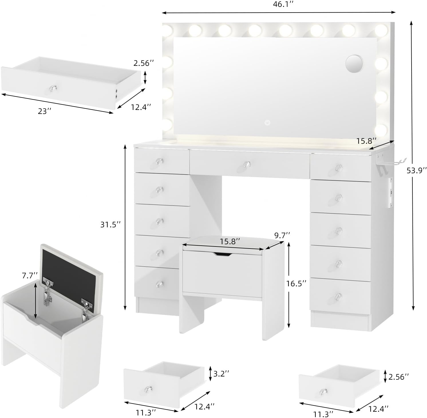 VOWNER Vanity with Lighted Mirror - Makeup Vanity Desk with Glass Top and 11 Drawers, 3 Color Lighting Modes Adjustable Brightness, 46