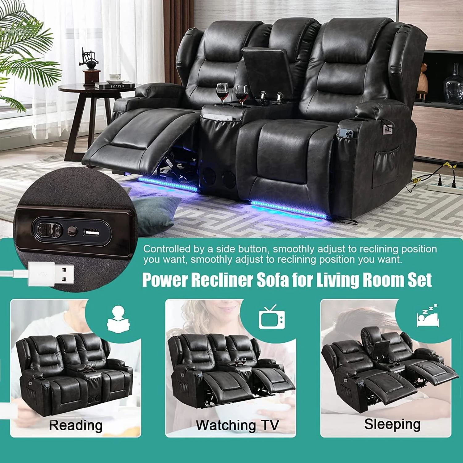 Electric Home Theater Seating- Power Recline Chair Loveseat RV Sofa with Console, 67" Double Recliner 2-Seater RV Couch with Storage/USB Charging/Lighting/Cup Holders for Living Room(Black) - Image 6